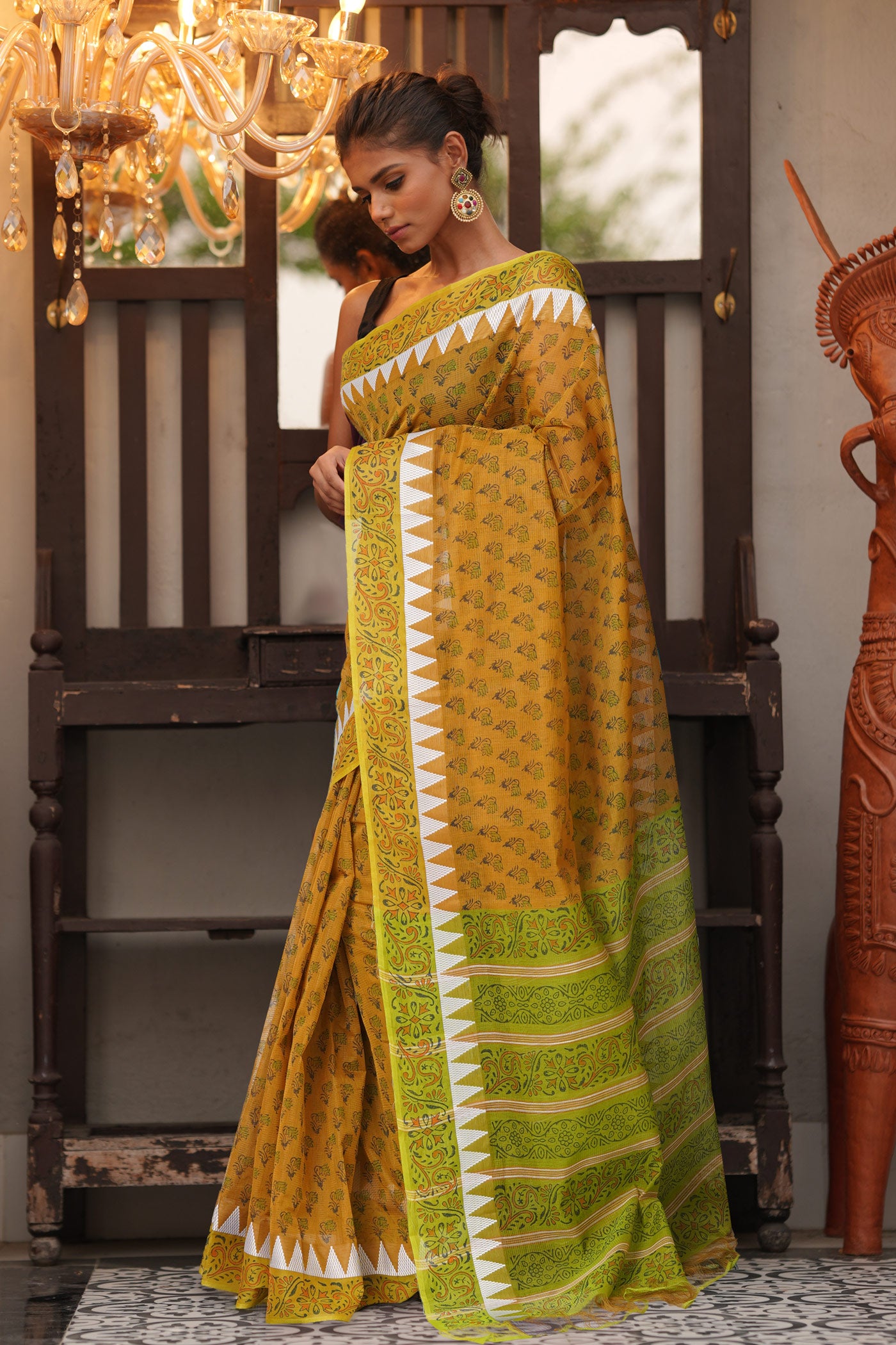 Yellow Pure Hand Block Printed Mangalgiri Cotton Saree-UNM81305