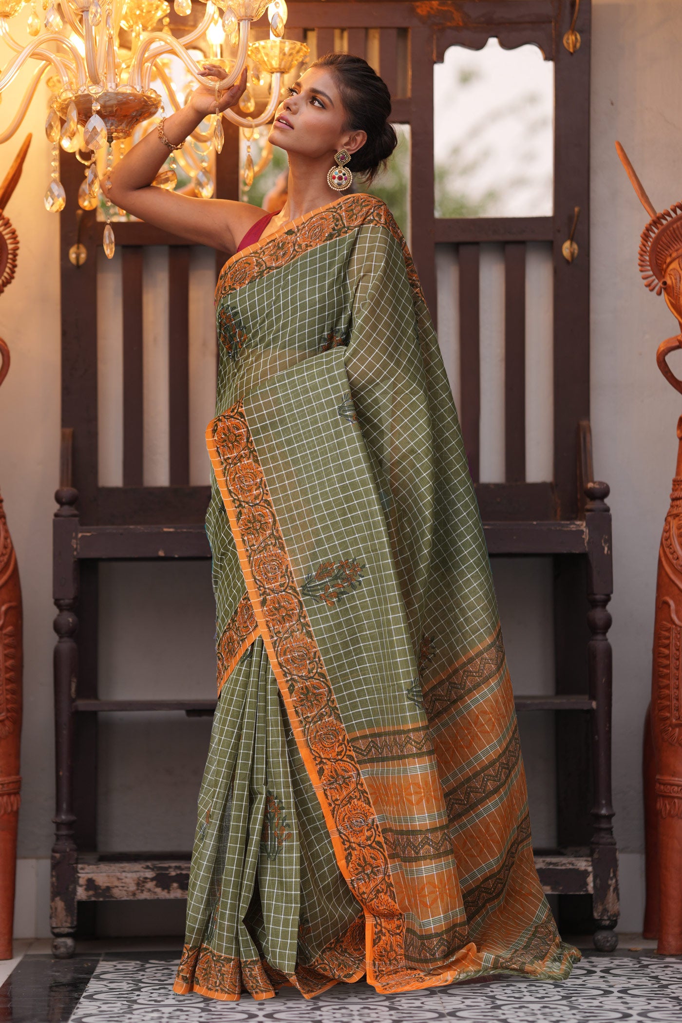 Green Pure Hand Block Printed Mangalgiri Cotton Saree-UNM81308