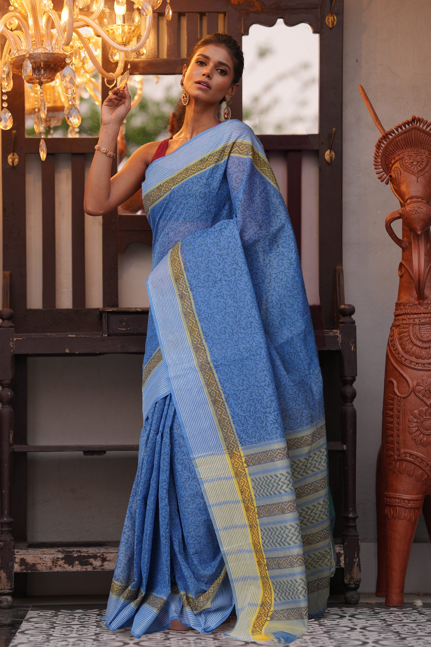 Blue Pure Hand Block Printed Mangalgiri Cotton Saree-UNM81309