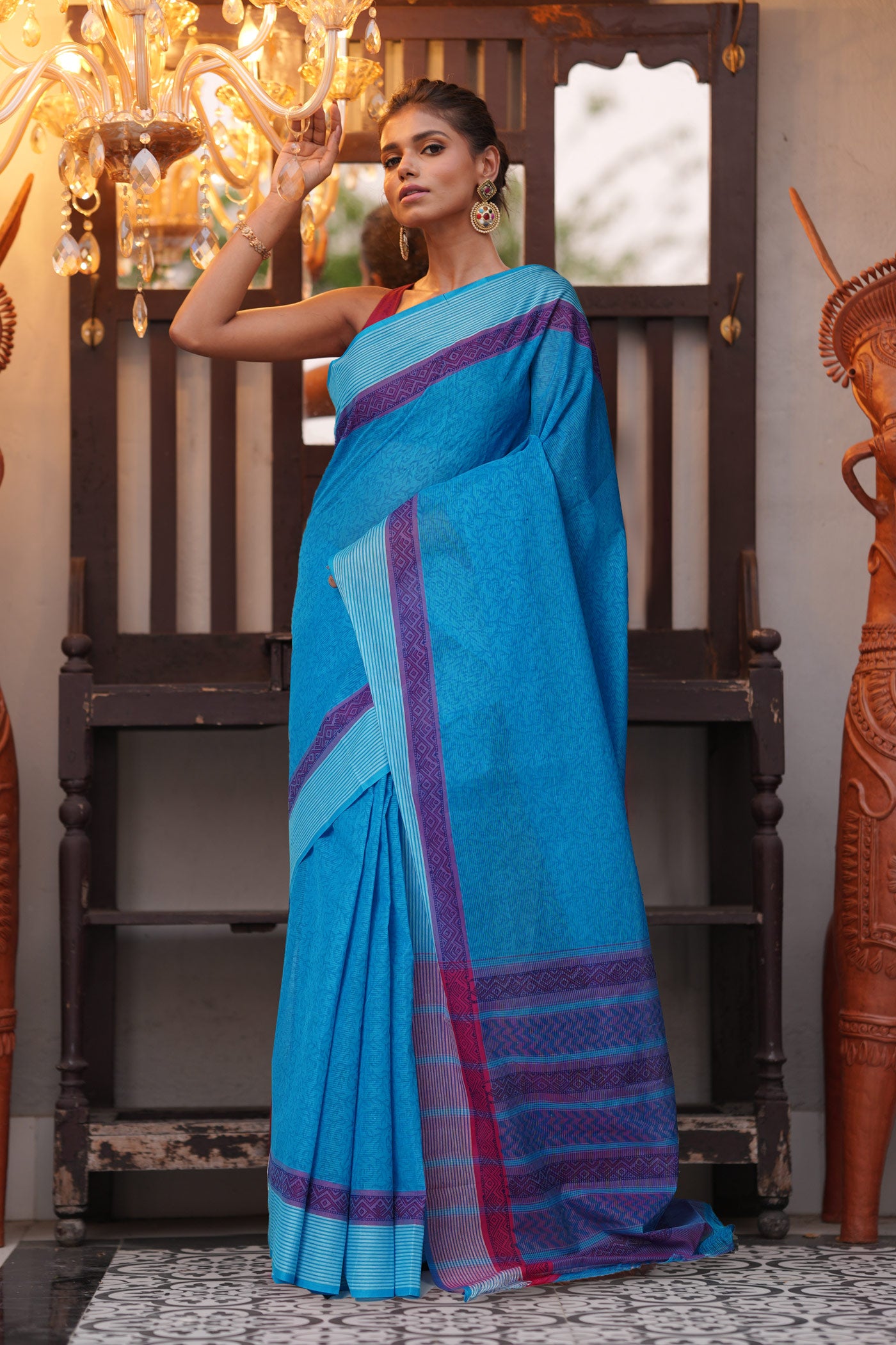 Blue Pure Hand Block Printed Mangalgiri Cotton Saree-UNM81313