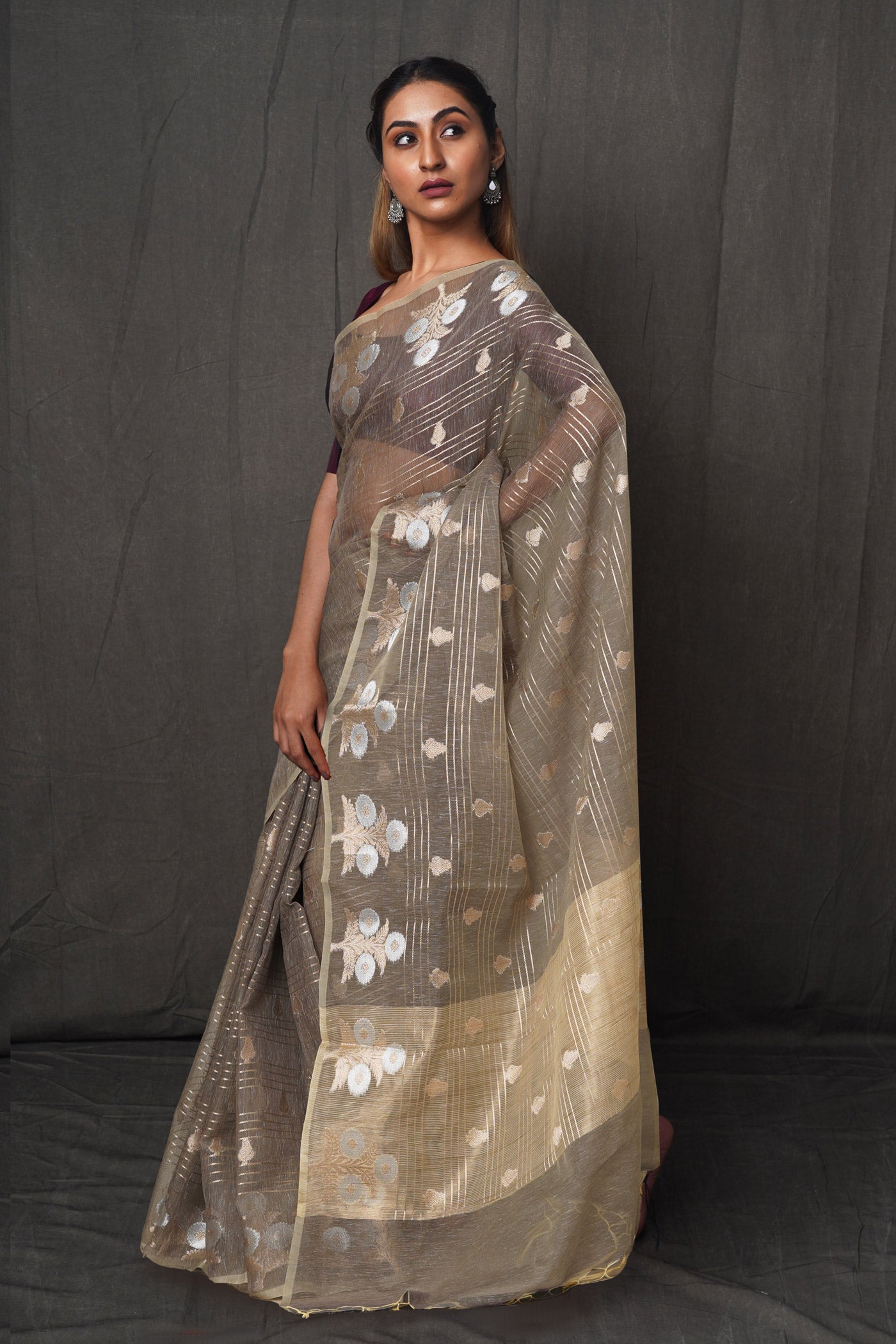 Grey  Chanderi Sico Saree-UNM81334