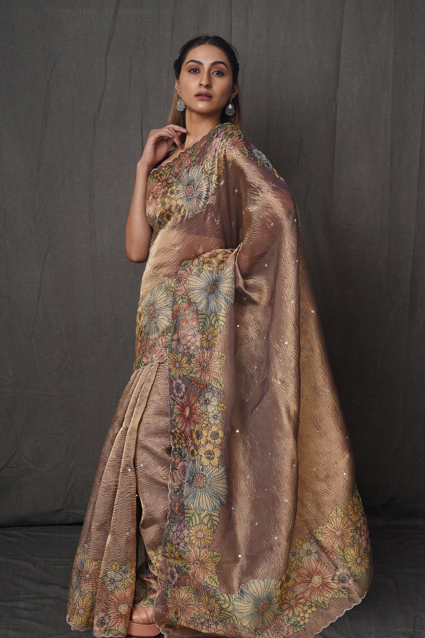 Brown  Digital Printed With Embroidery Organza Saree-UNM81339