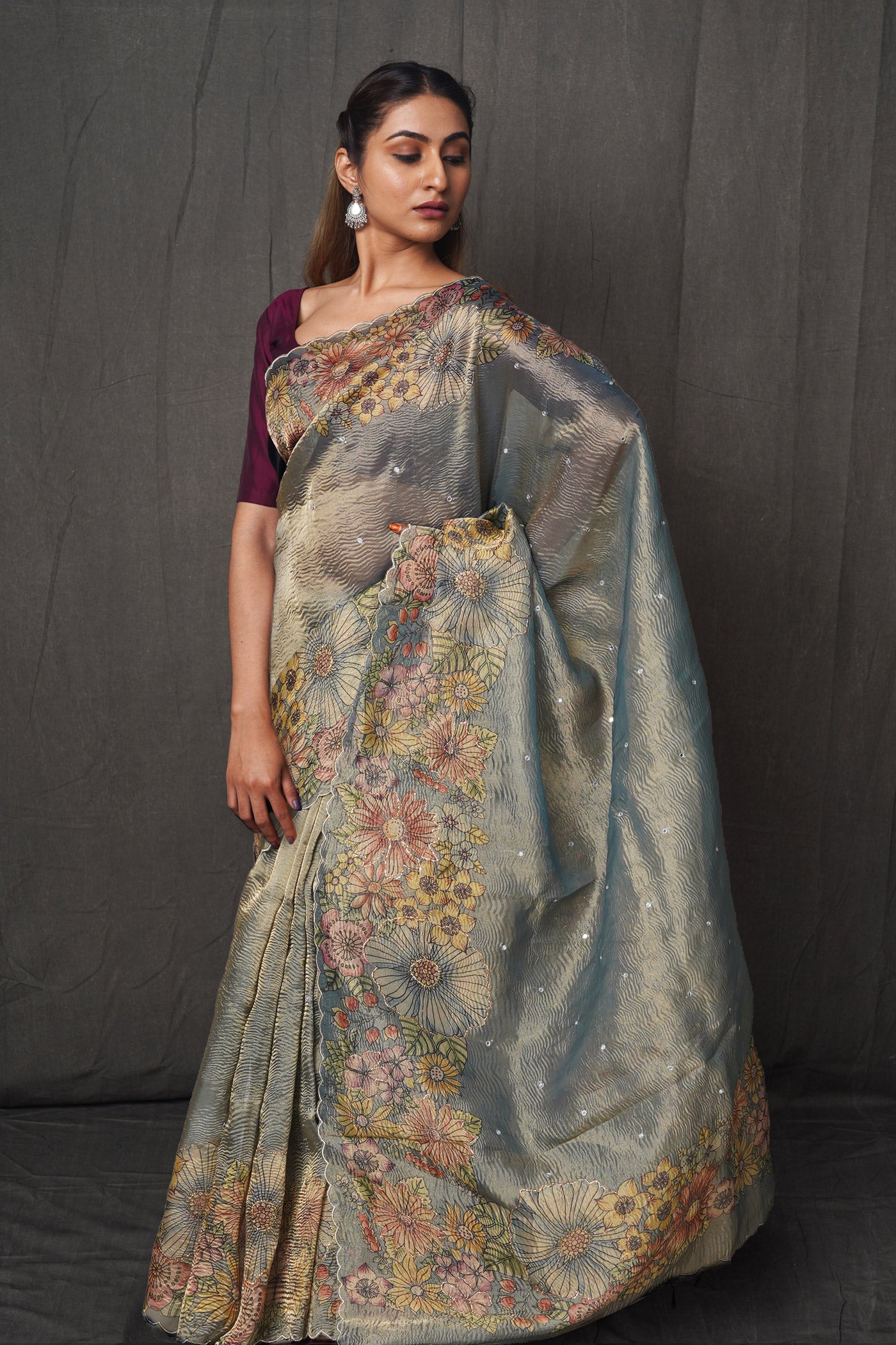 Blue  Digital Printed With Embroidery Organza Saree-UNM81340