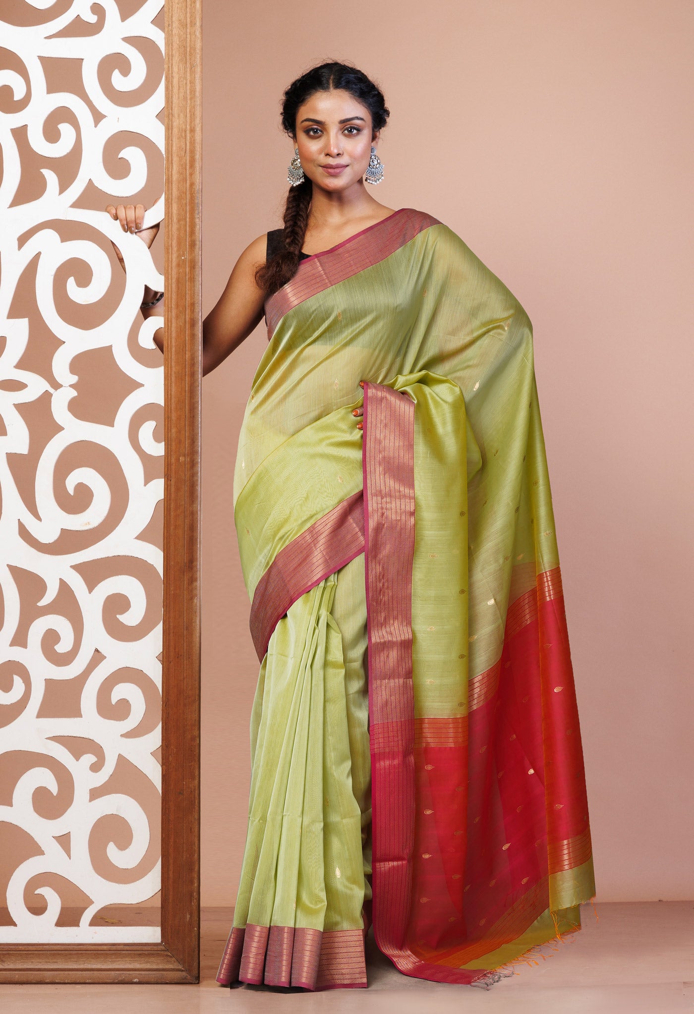 Green-Pink Pure Handloom Maheshwari Sico Saree-UNM81349