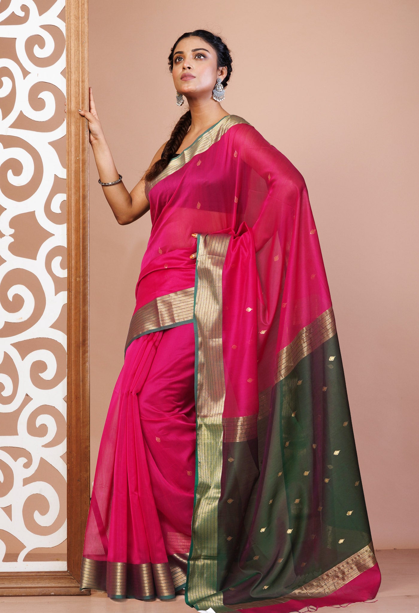 Pink-Green Pure Handloom Maheshwari Sico Saree-UNM81350