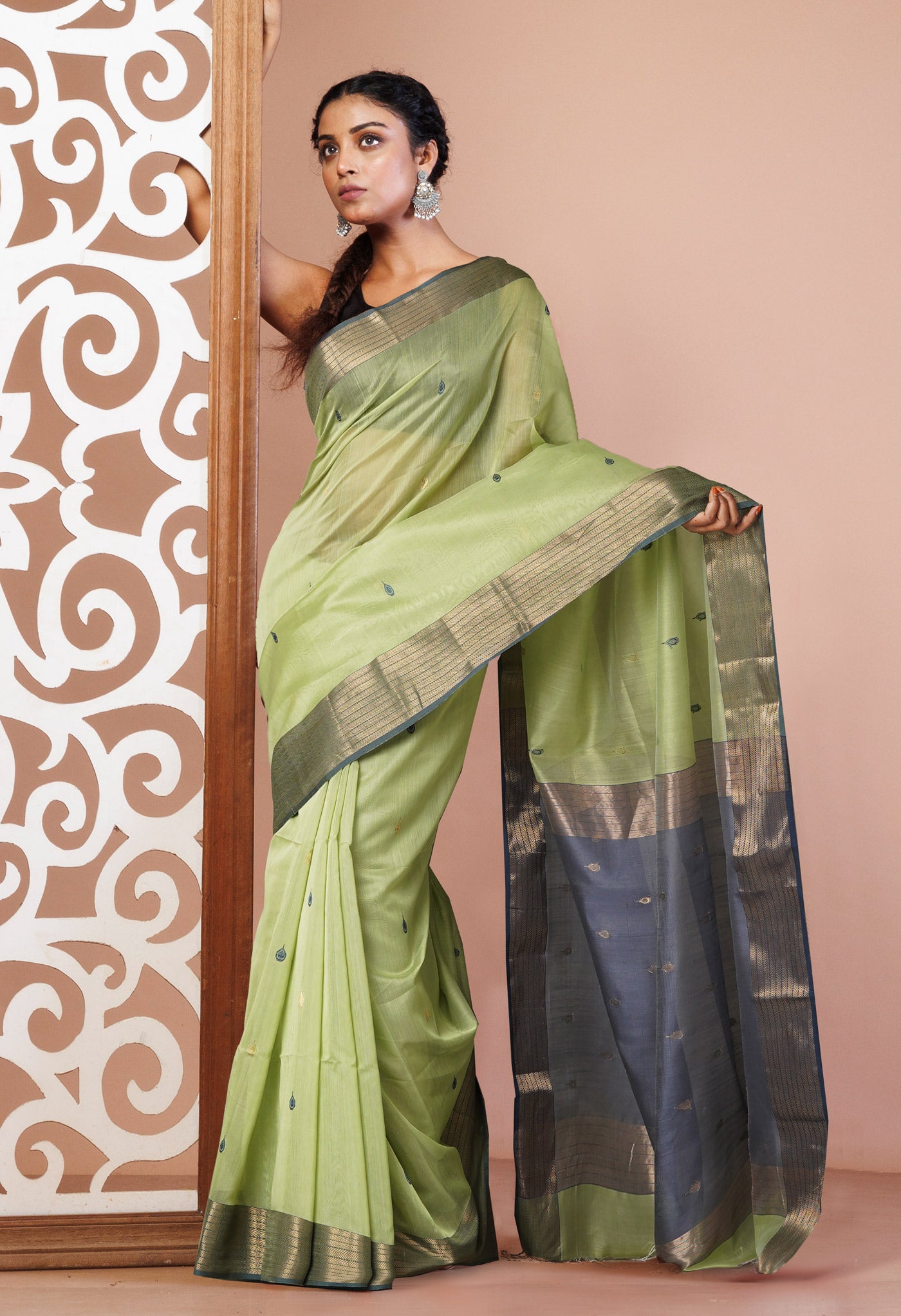 Green-Grey Pure Handloom Maheshwari Sico Saree-UNM81352