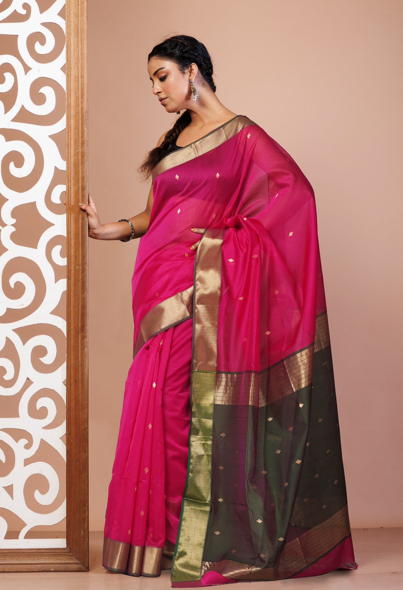 Pink-Green Pure Handloom Maheshwari Sico Saree-UNM81356