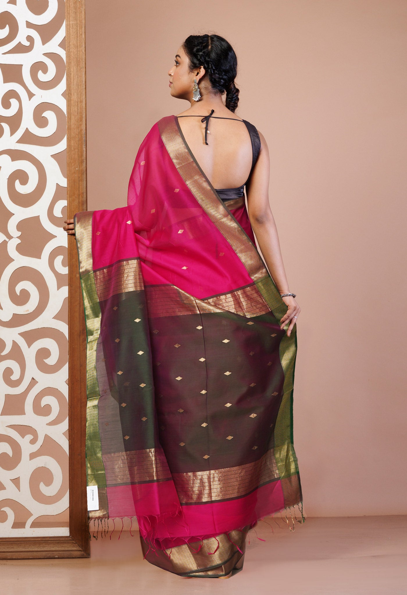 Pink-Green Pure Handloom Maheshwari Sico Saree-UNM81356