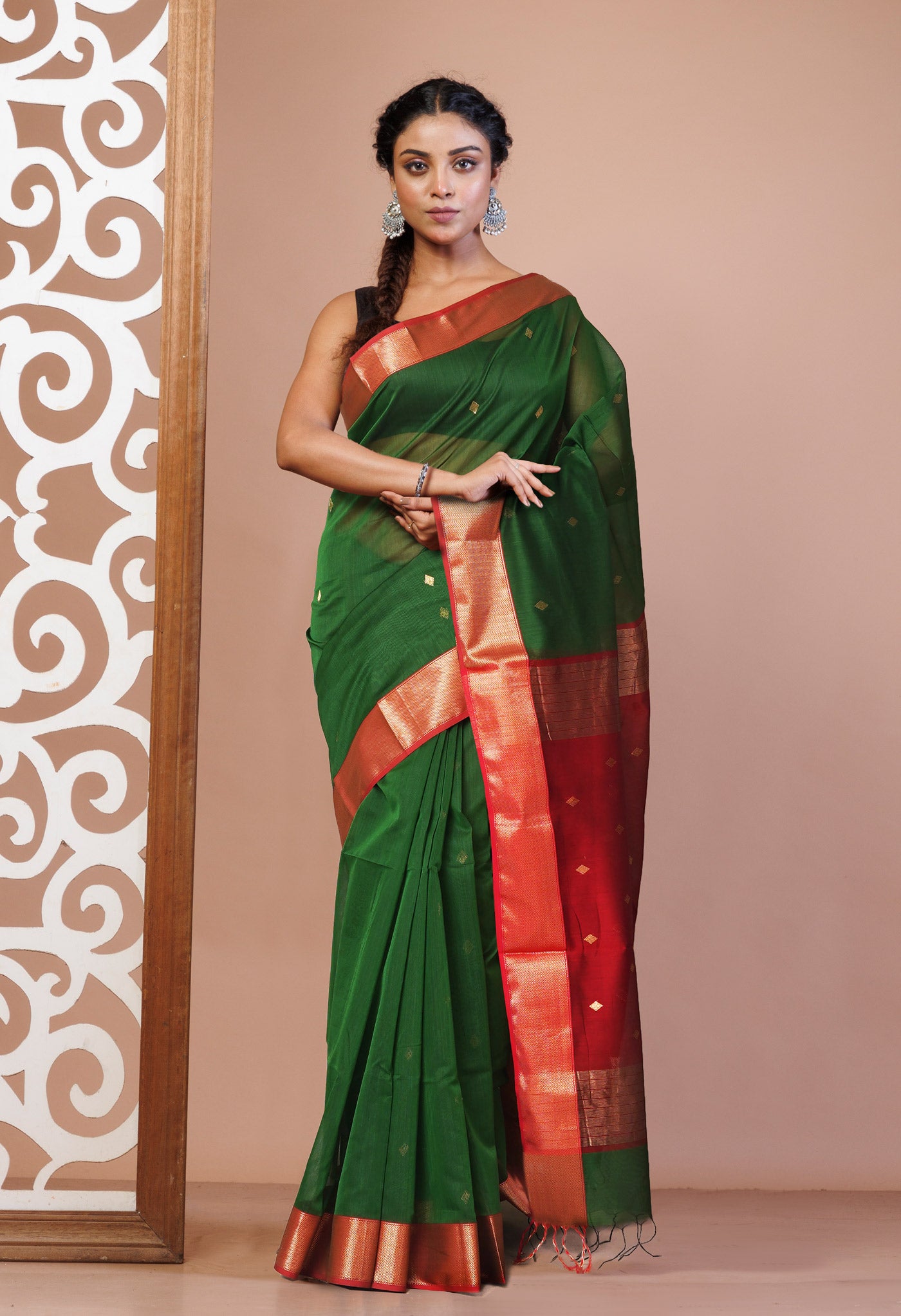 Green-Red Pure Handloom Maheshwari Sico Saree-UNM81357