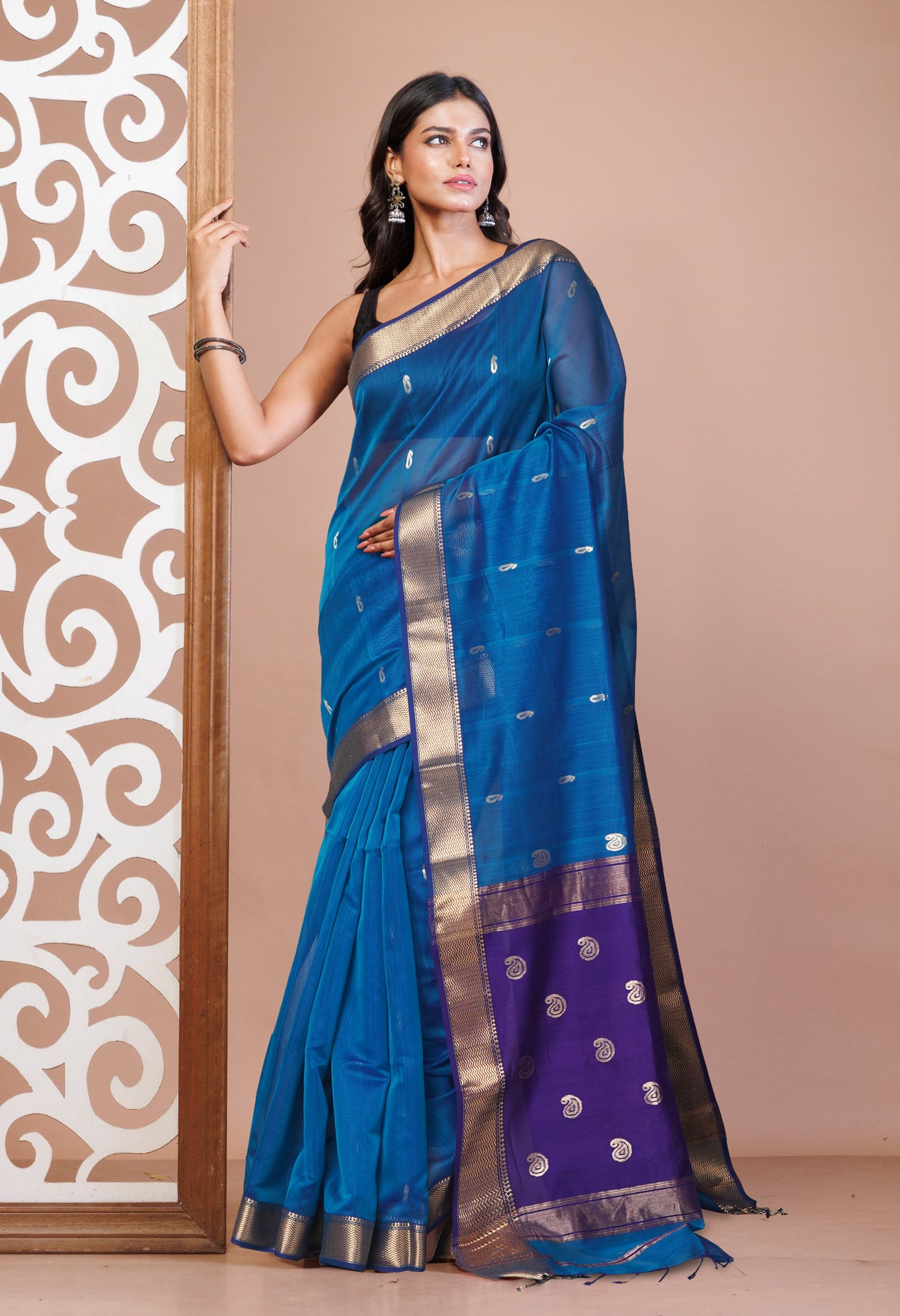 Peacock Blue-Violet Pure Handloom Maheshwari Sico Saree-UNM81360