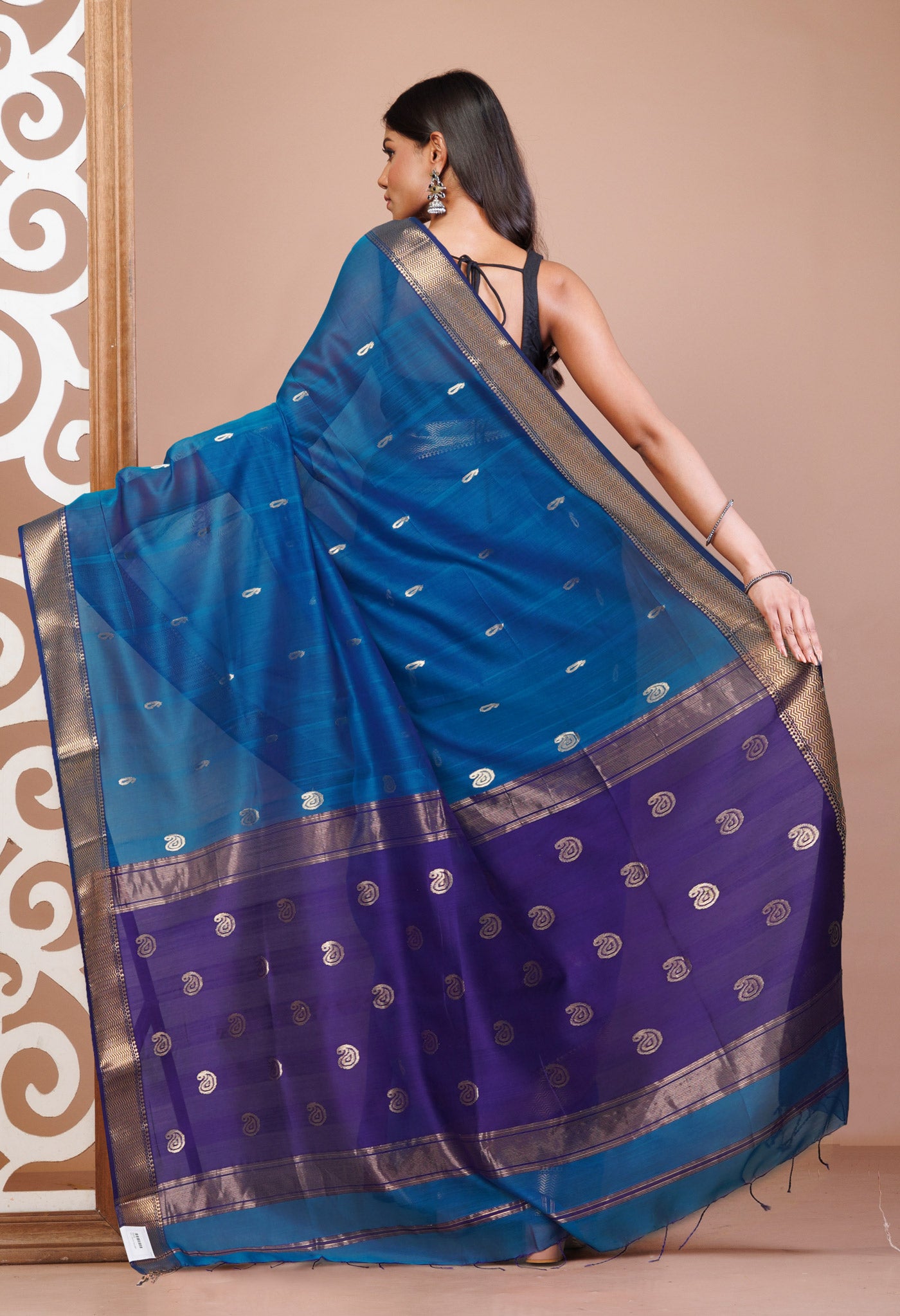 Peacock Blue-Violet Pure Handloom Maheshwari Sico Saree-UNM81360