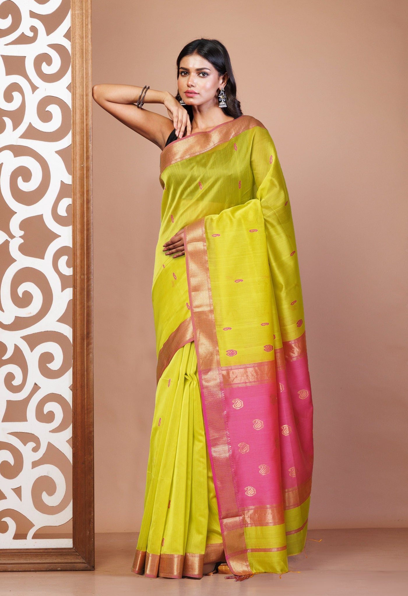 Green-Pink Pure Handloom Maheshwari Sico Saree-UNM81361