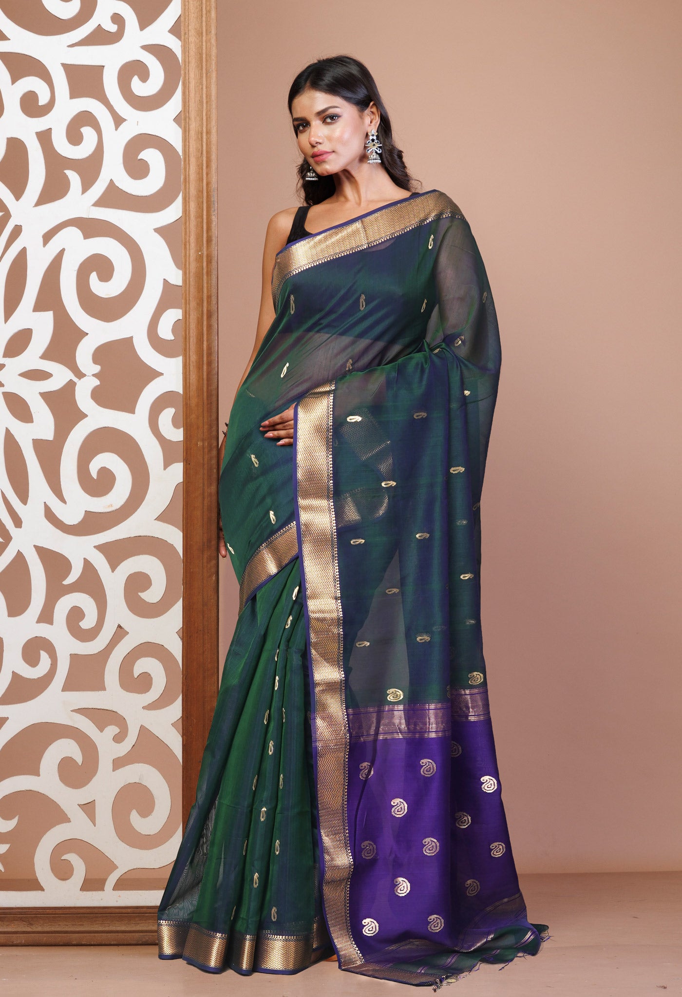 Green-Violet Pure Handloom Maheshwari Sico Saree-UNM81362