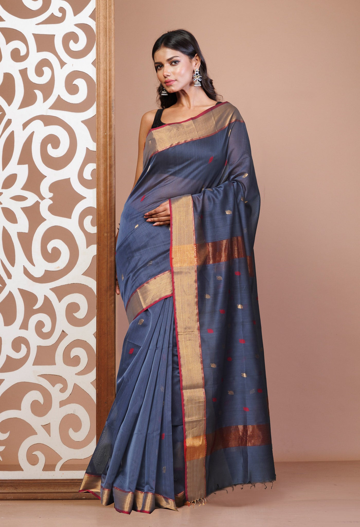 Grey Pure Handloom Maheshwari Sico Saree-UNM81363