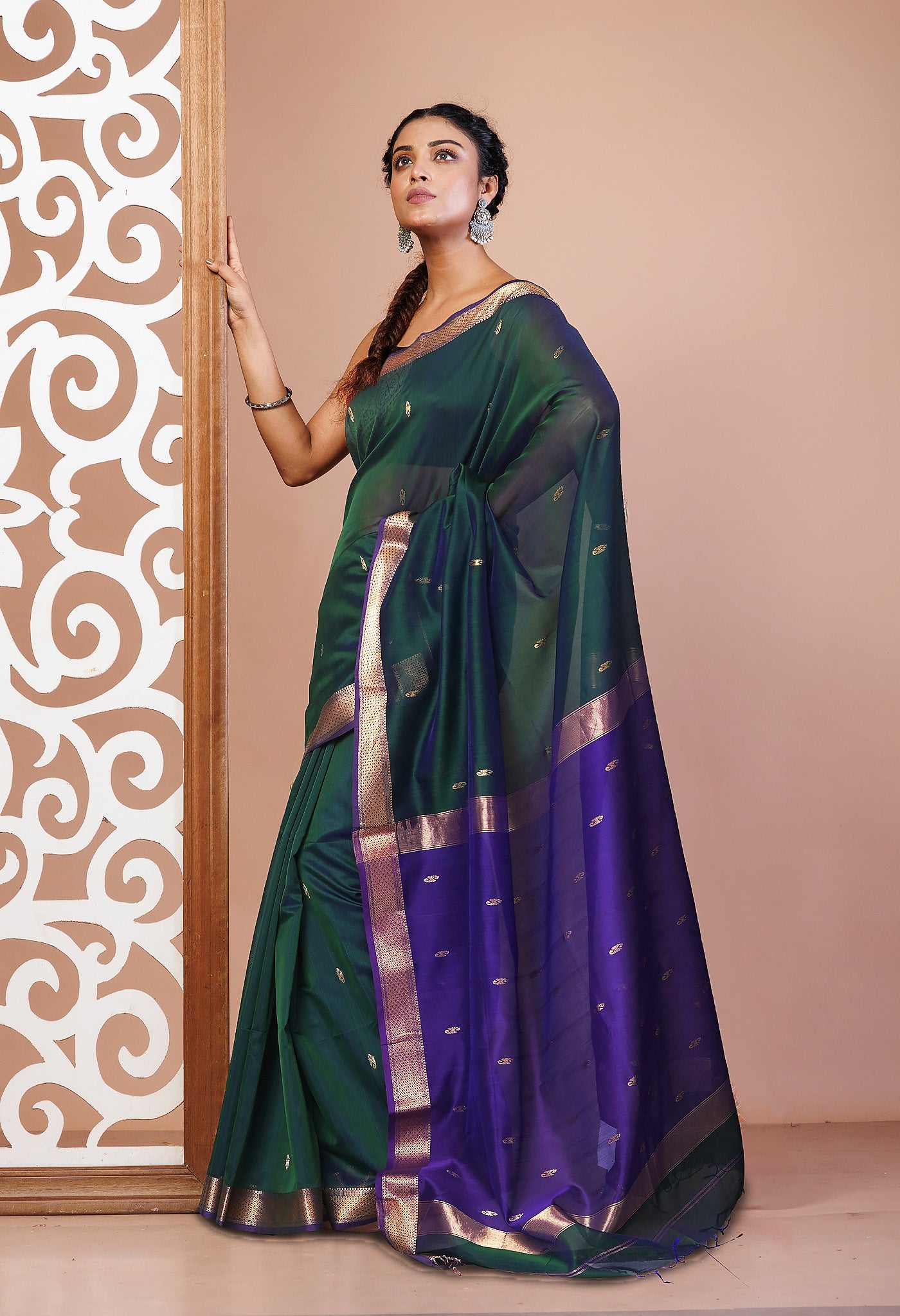 Green-Violet Pure Handloom Maheshwari Sico Saree-UNM81368