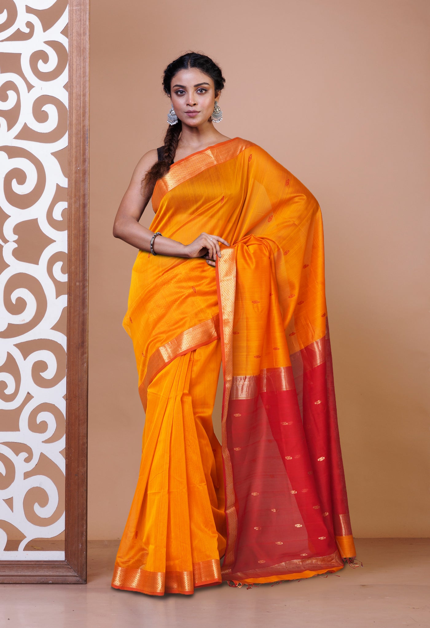 Yellow-Red Pure Handloom Maheshwari Sico Saree-UNM81369