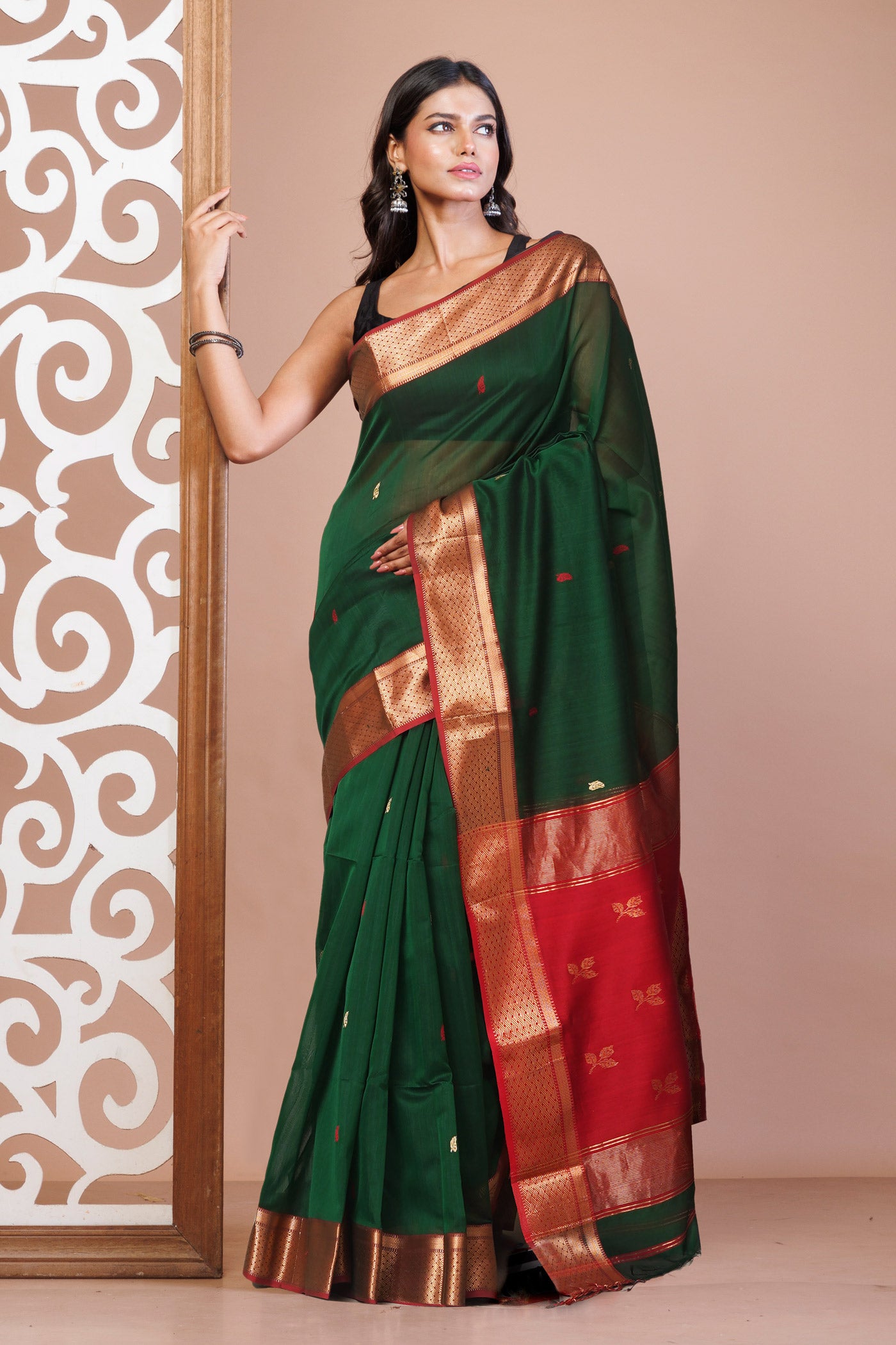 Green-Red Pure Handloom Maheshwari Sico Saree-UNM81371