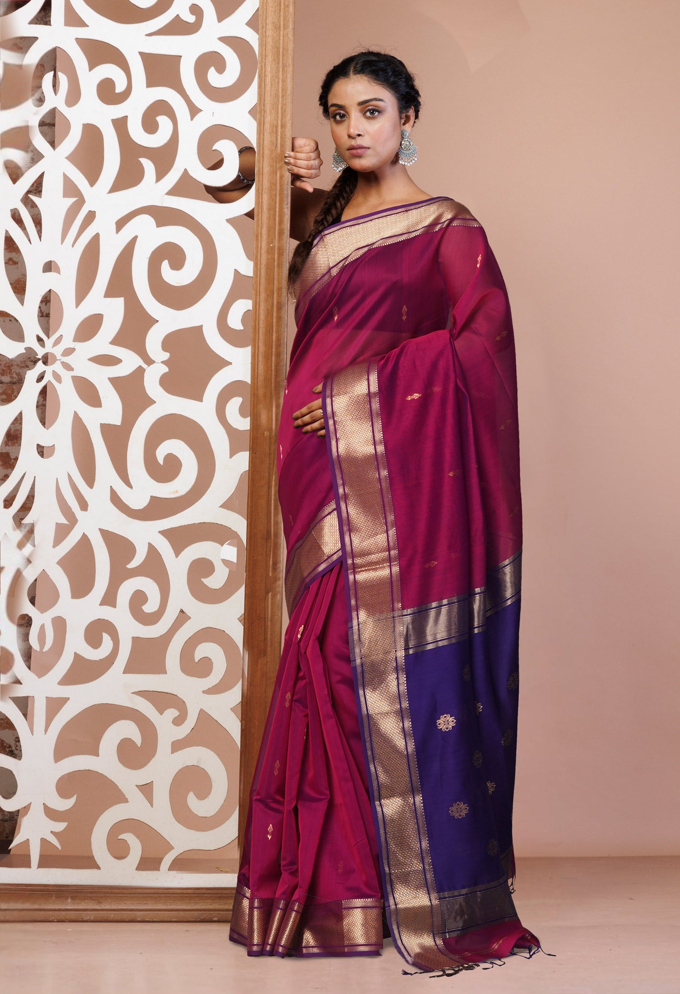 Pink-Violet Pure Handloom Maheshwari Sico Saree-UNM81376