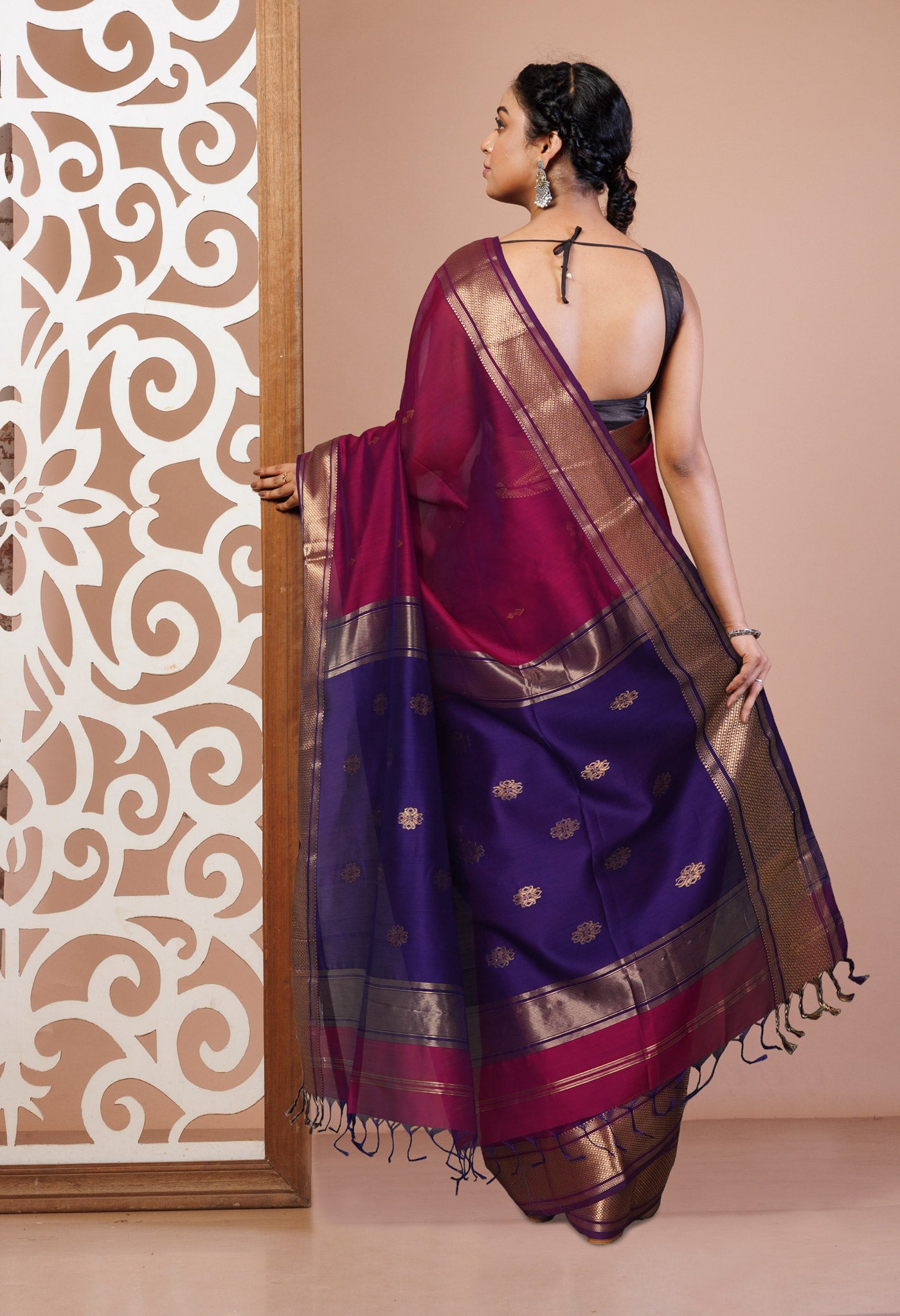 Pink-Violet Pure Handloom Maheshwari Sico Saree-UNM81376