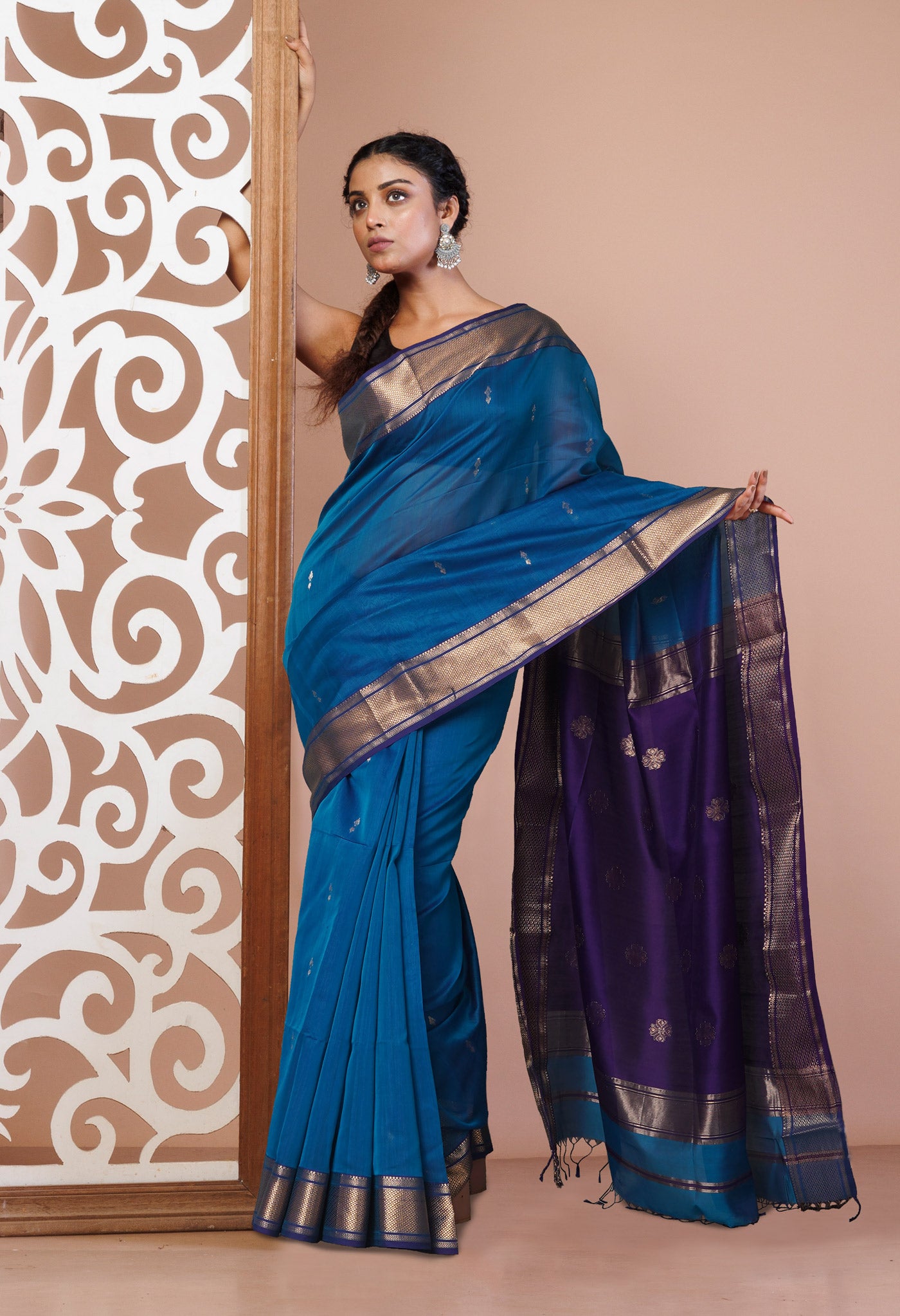 Peacock Blue-Violet Pure Handloom Maheshwari Sico Saree-UNM81377