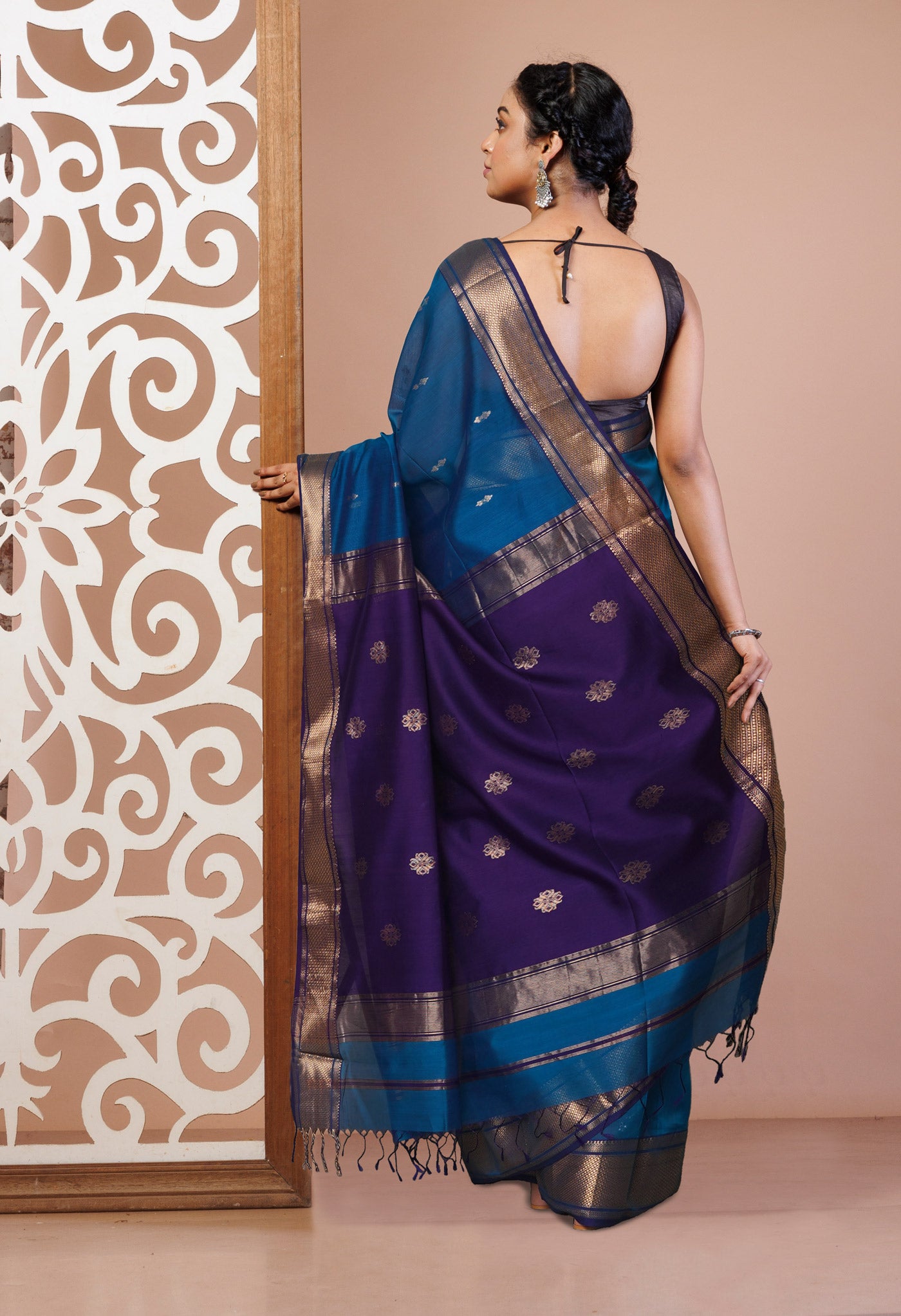 Peacock Blue-Violet Pure Handloom Maheshwari Sico Saree-UNM81377