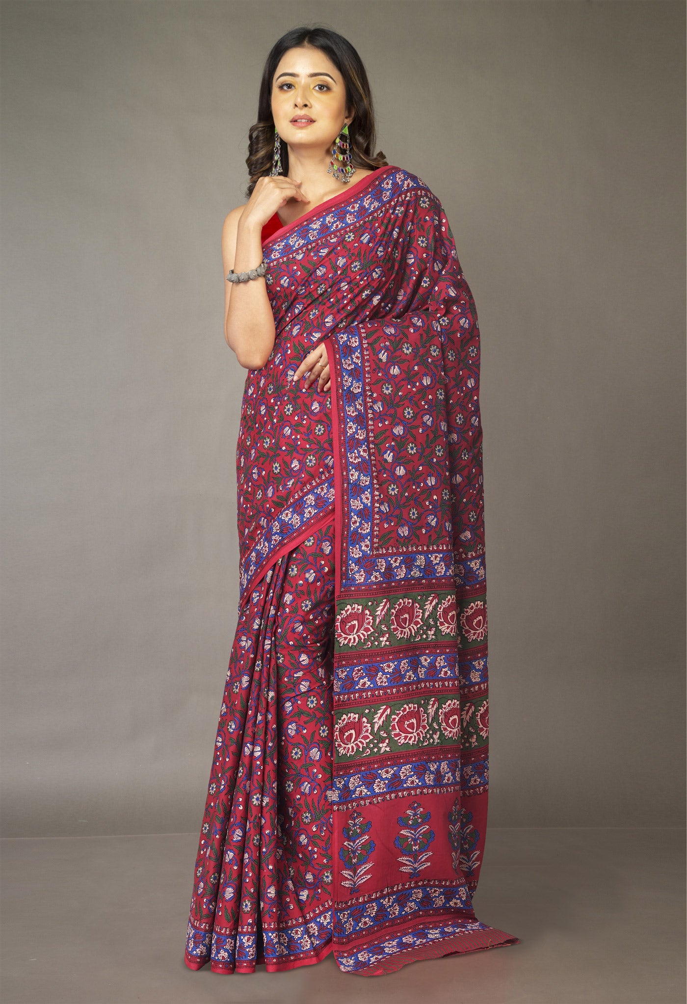 Red Pure Hand Block Printed Soft Cotton Saree-UNM81385