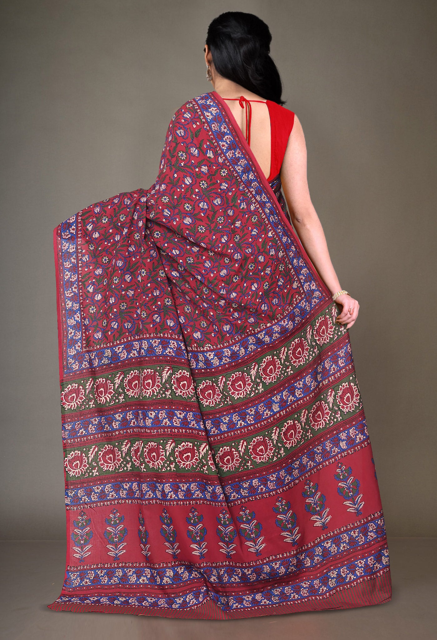 Red Pure Hand Block Printed Soft Cotton Saree-UNM81385