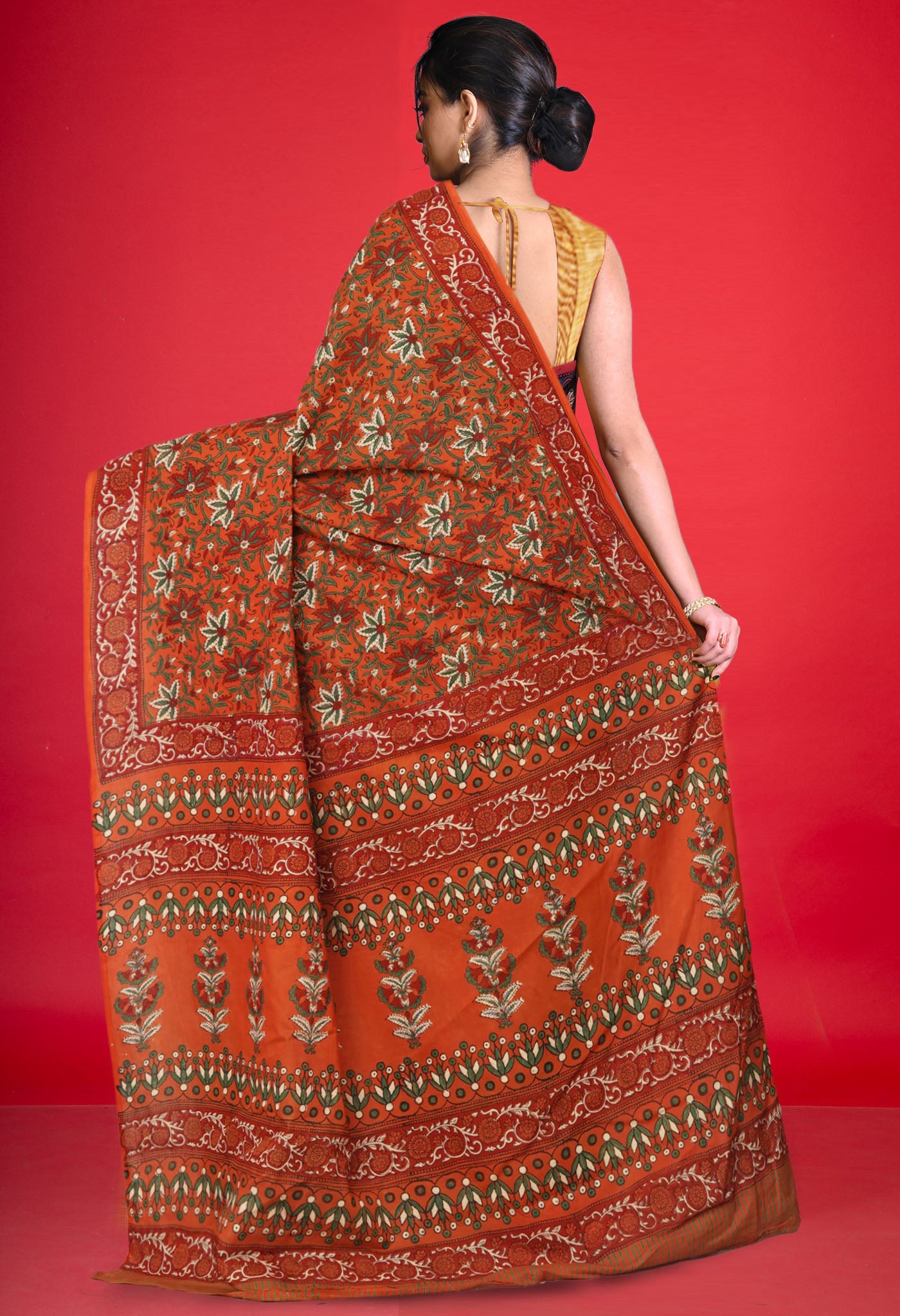 Orange Pure Hand Block Printed Soft Cotton Saree-UNM81387