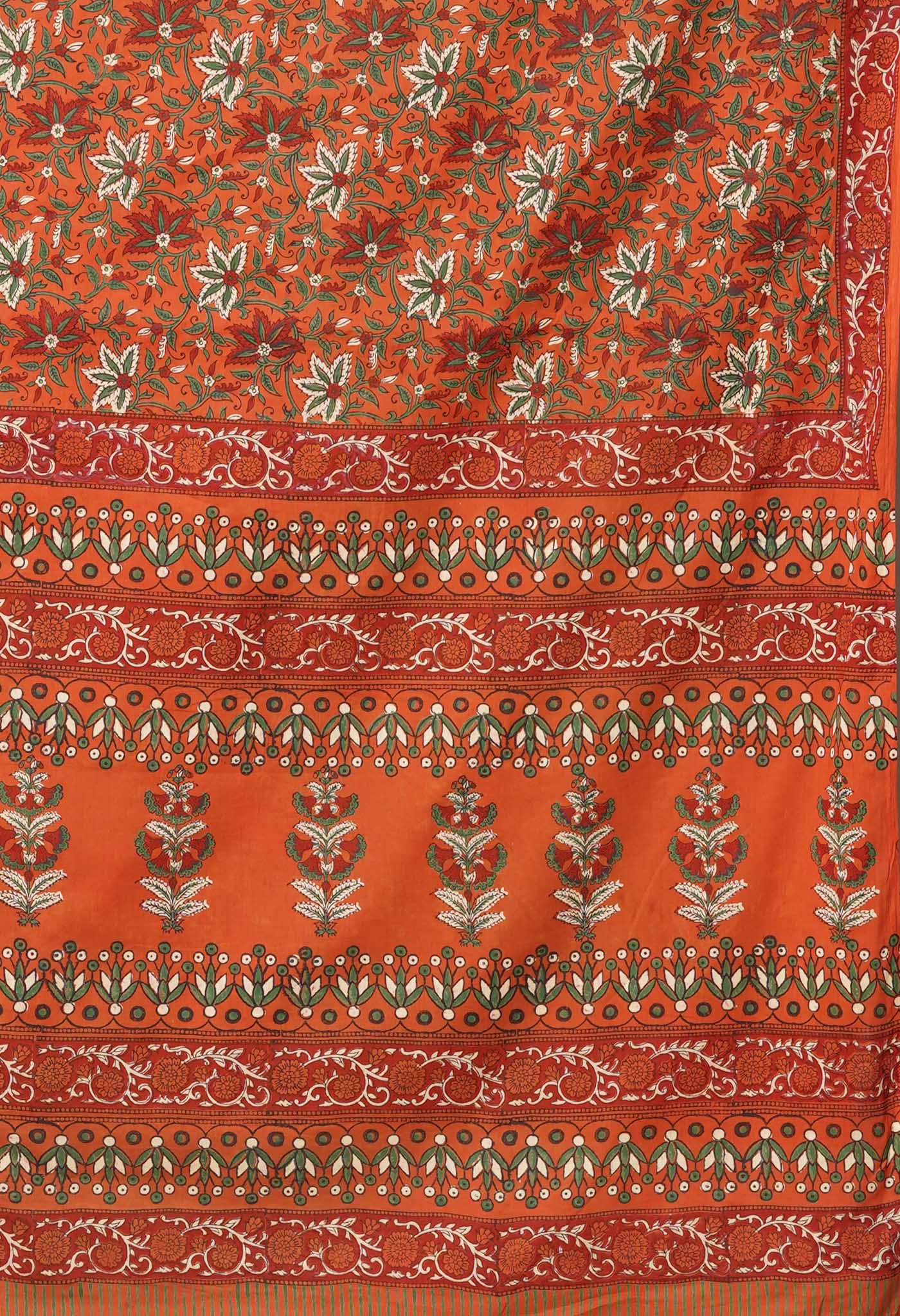 Orange Pure Hand Block Printed Soft Cotton Saree-UNM81387