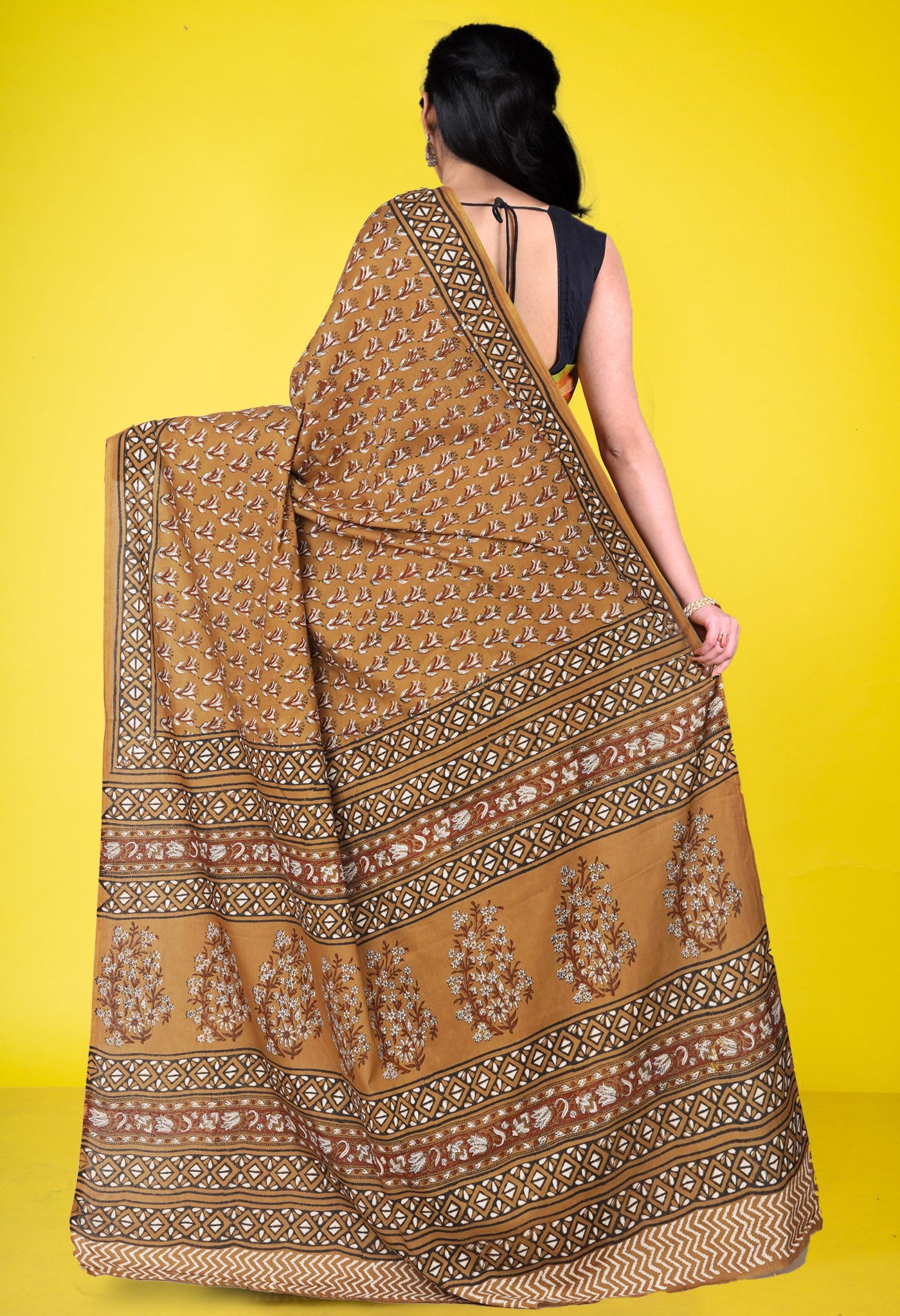 Brown Pure Hand Block Printed Soft Cotton Saree-UNM81388