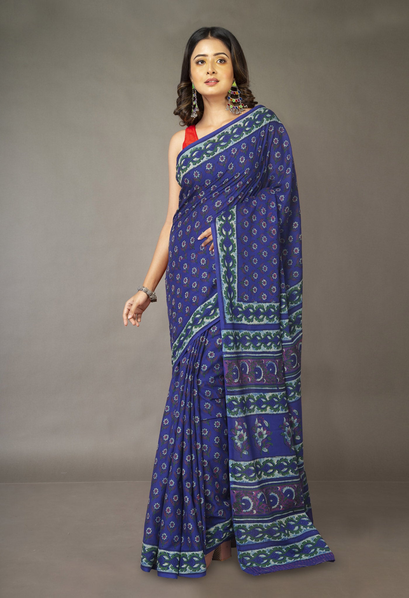 Blue Pure Hand Block Printed Soft Cotton Saree-UNM81389