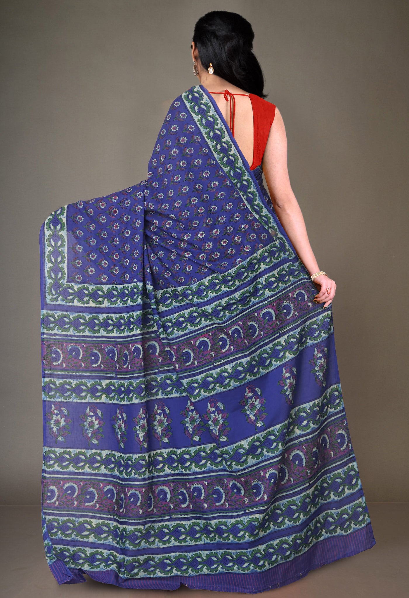 Blue Pure Hand Block Printed Soft Cotton Saree-UNM81389