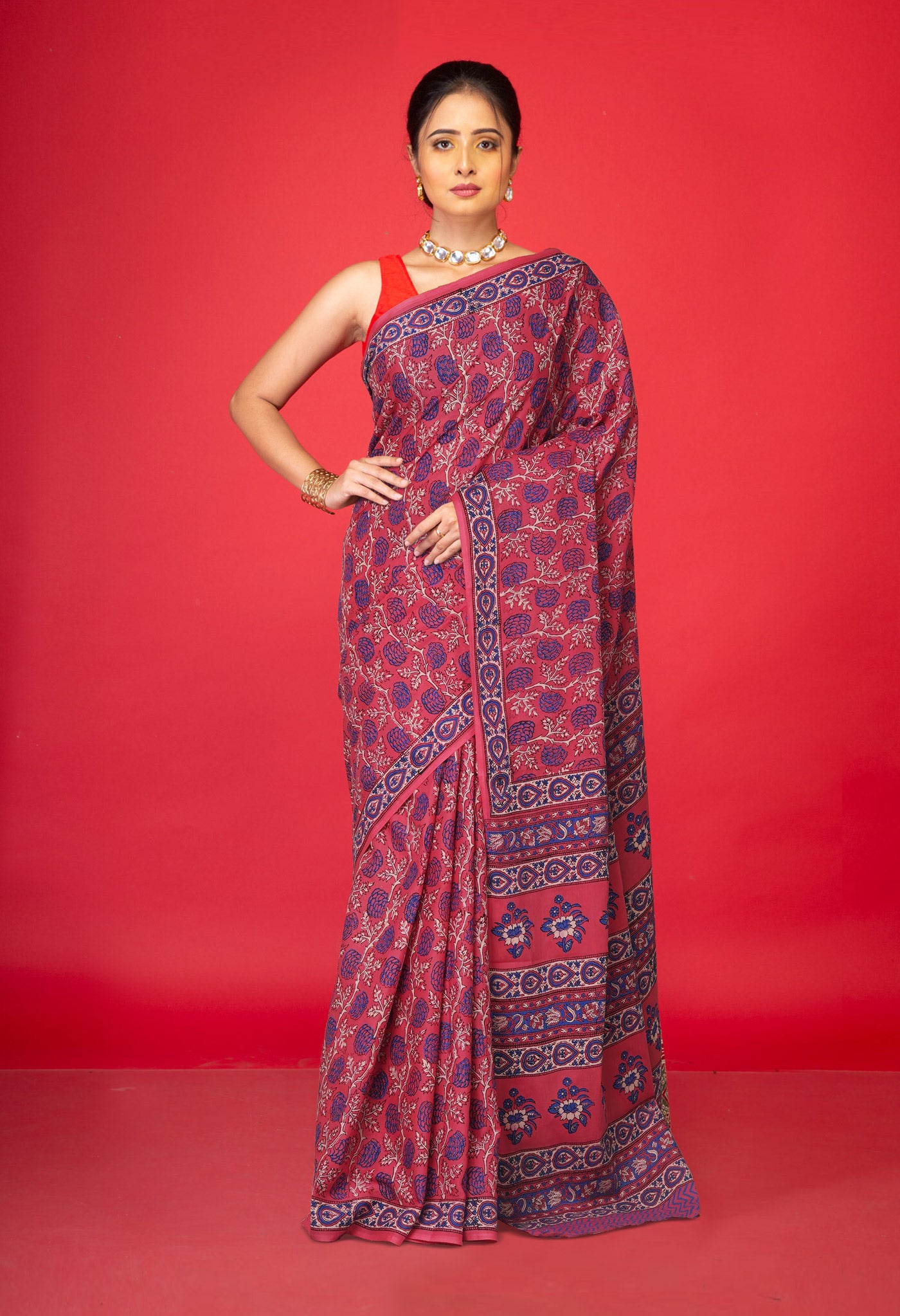 Pink Pure Hand Block Printed Soft Cotton Saree-UNM81391