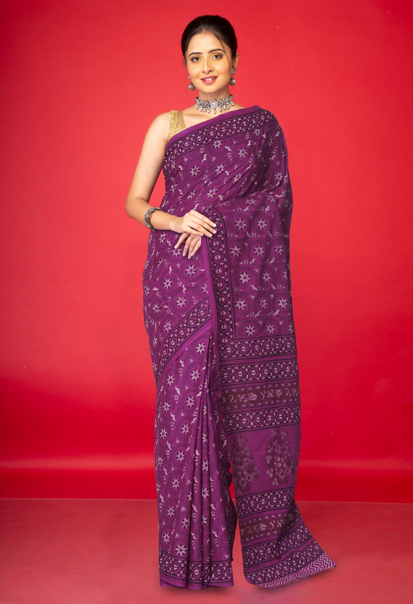 Purple Pure Hand Block Printed Soft Cotton Saree-UNM81392