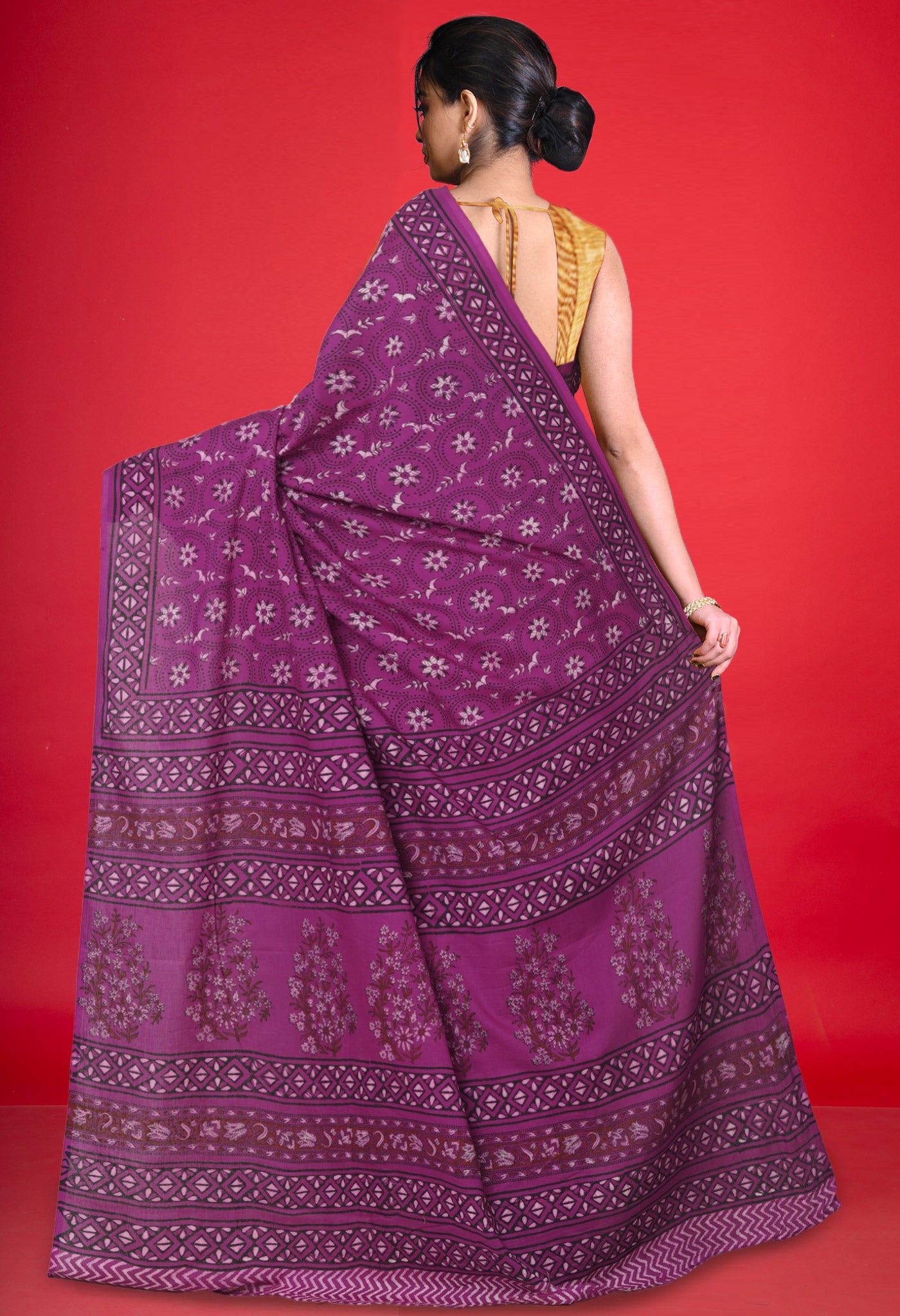 Purple Pure Hand Block Printed Soft Cotton Saree-UNM81392