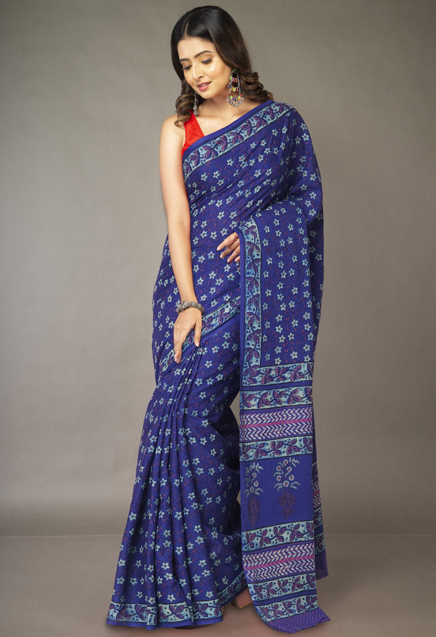 Blue Pure Hand Block Printed Soft Cotton Saree-UNM81393