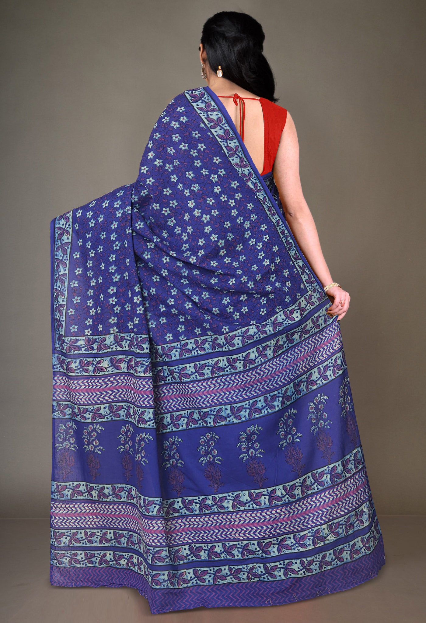 Blue Pure Hand Block Printed Soft Cotton Saree-UNM81393