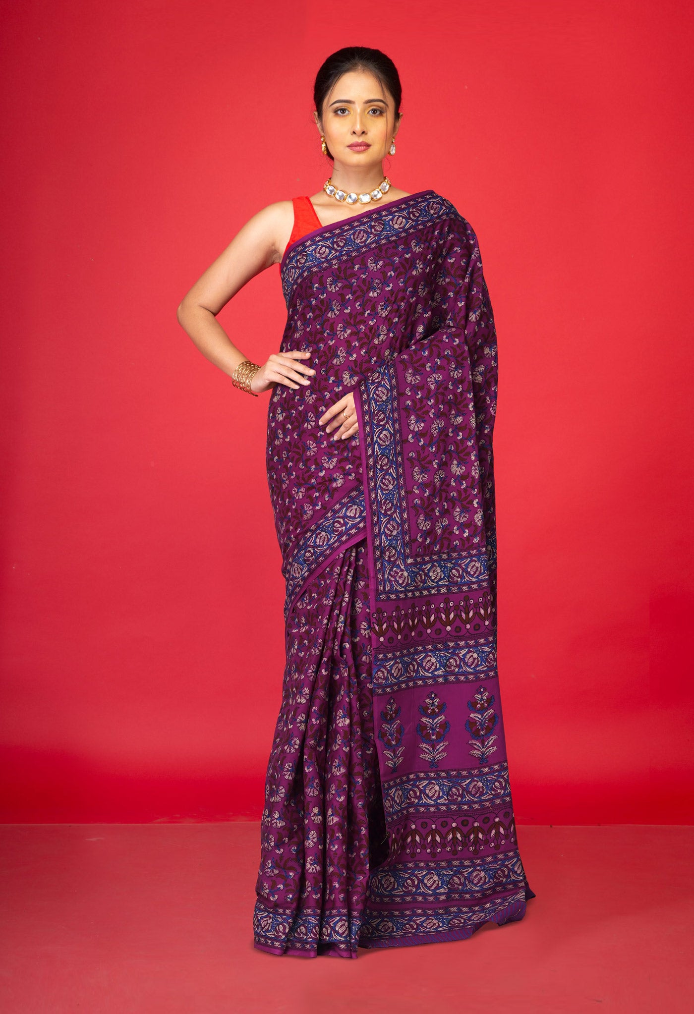 Purple Pure Hand Block Printed Soft Cotton Saree-UNM81397