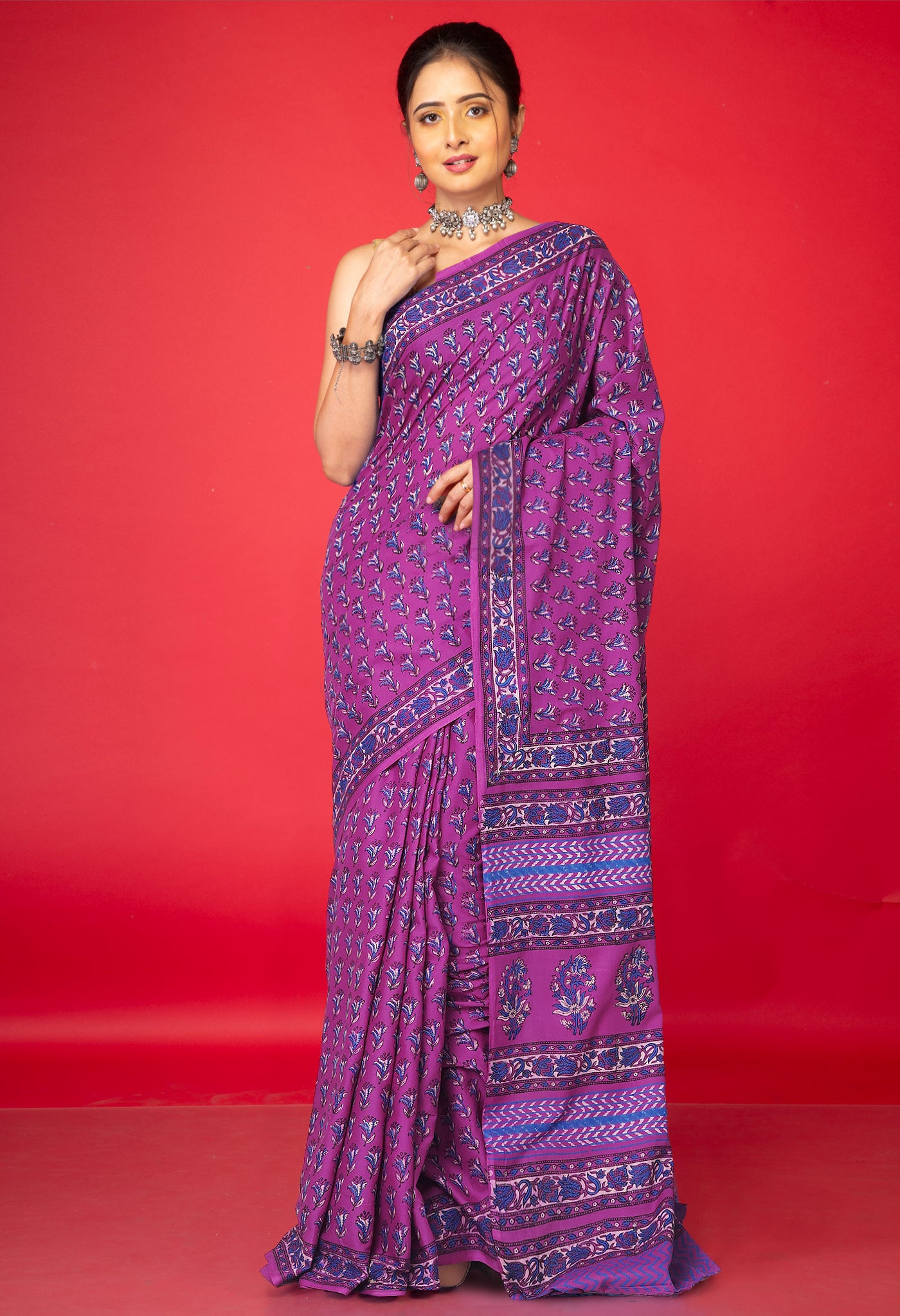 Purple Pure Hand Block Printed Soft Cotton Saree-UNM81403