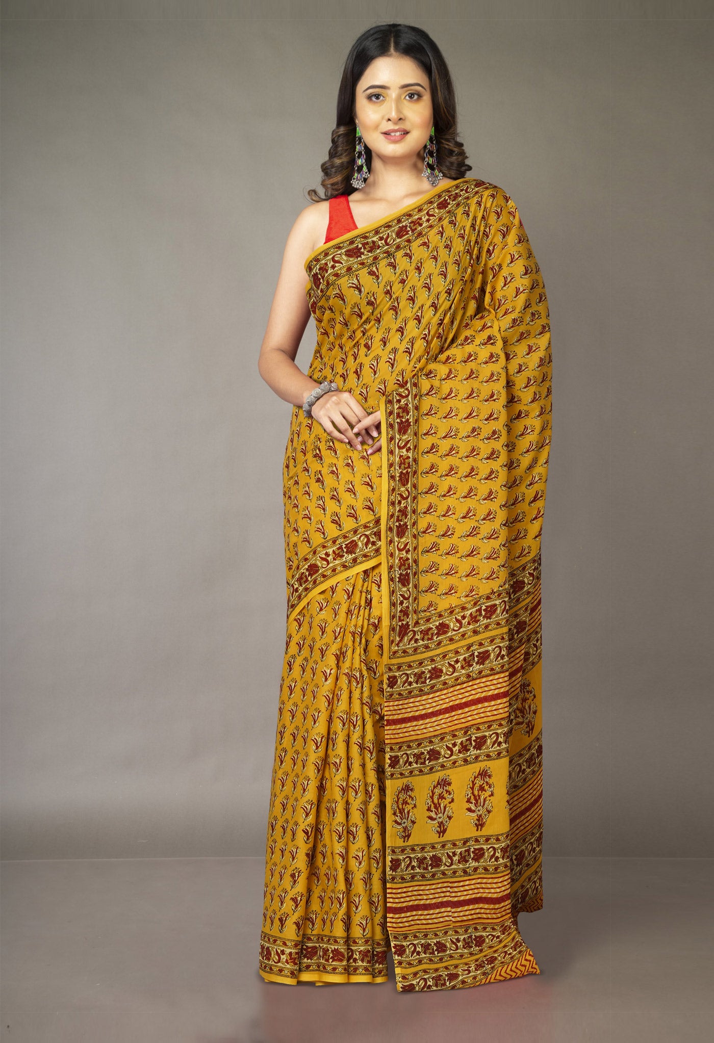 Yellow Pure Hand Block Printed Soft Cotton Saree-UNM81404