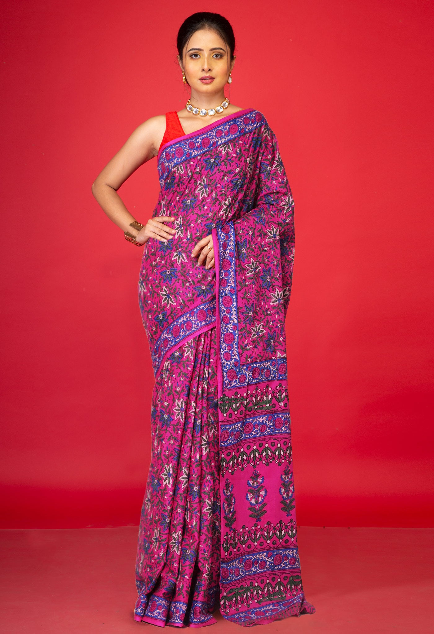 Pink Pure Hand Block Printed Soft Cotton Saree-UNM81405