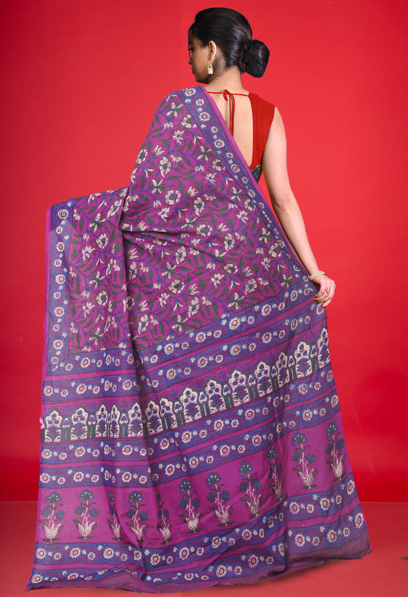 Purple Pure Hand Block Printed Soft Cotton Saree-UNM81408