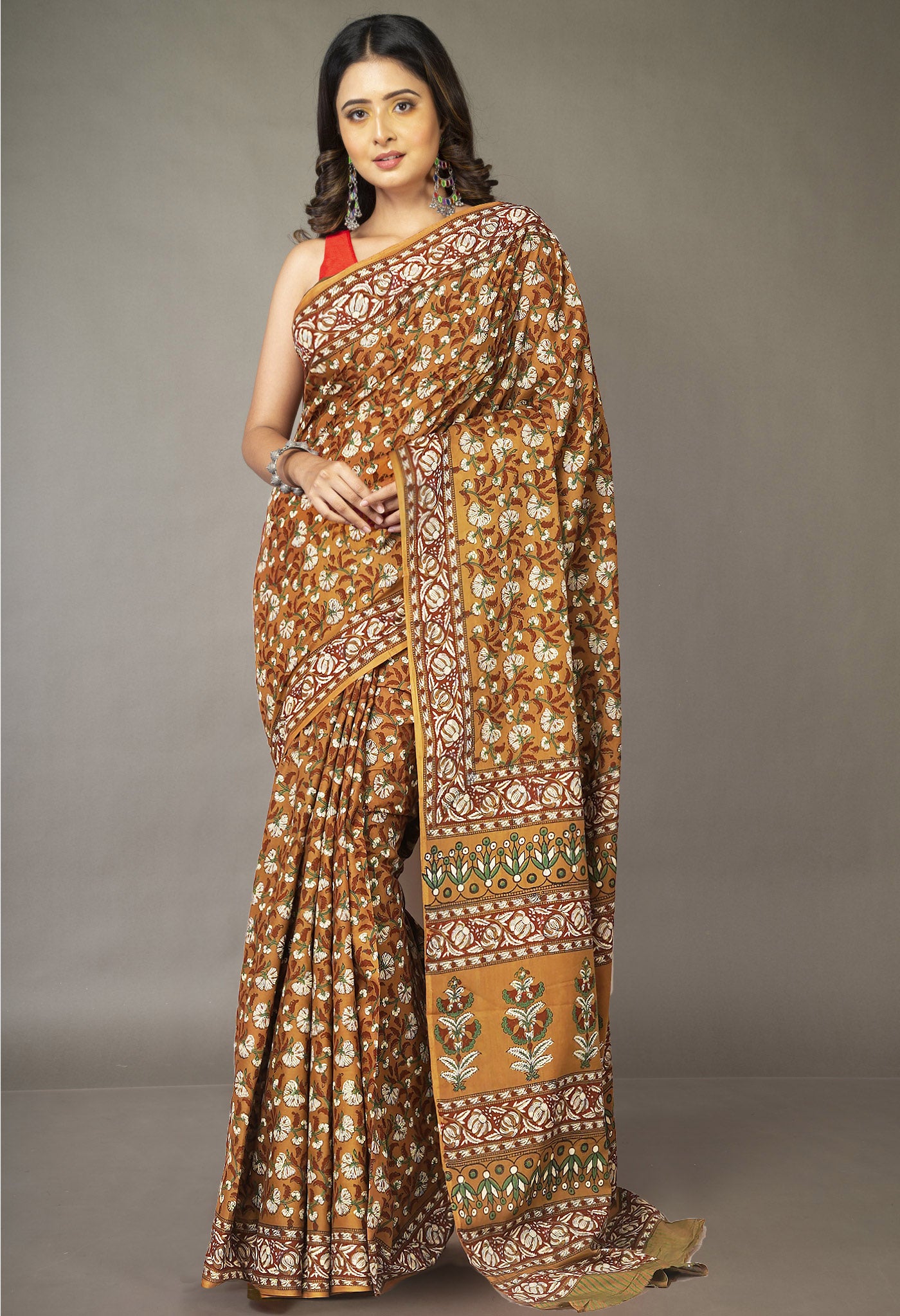 Brown Pure Hand Block Printed Soft Cotton Saree-UNM81412