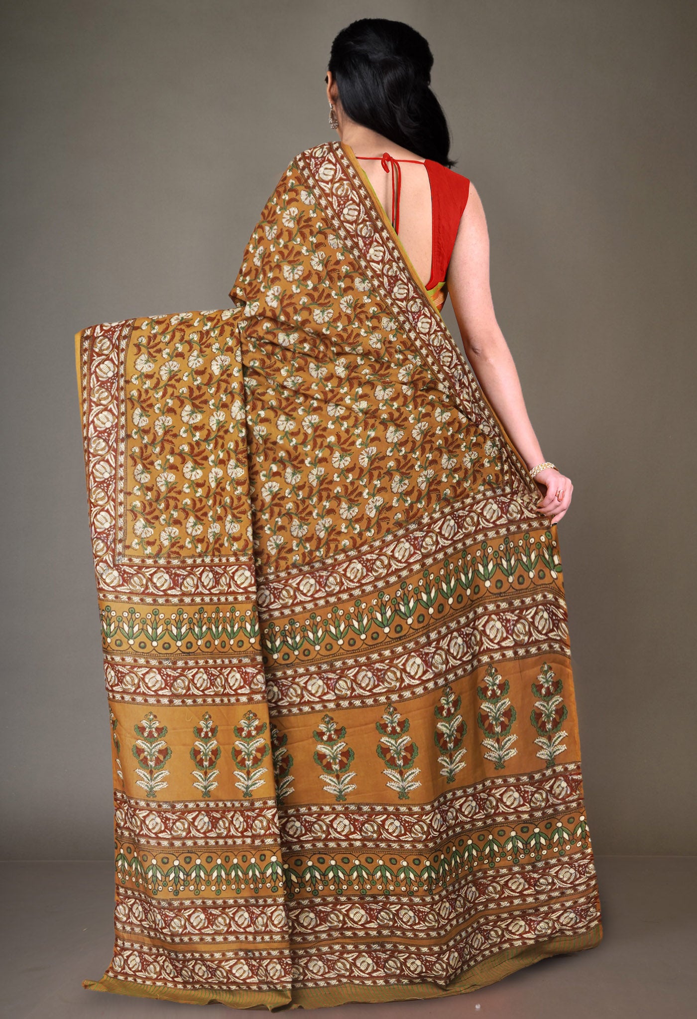 Brown Pure Hand Block Printed Soft Cotton Saree-UNM81412