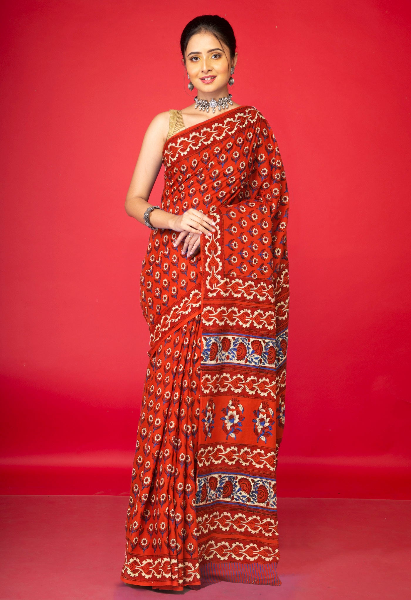 Orange Pure Hand Block Printed Soft Cotton Saree-UNM81414