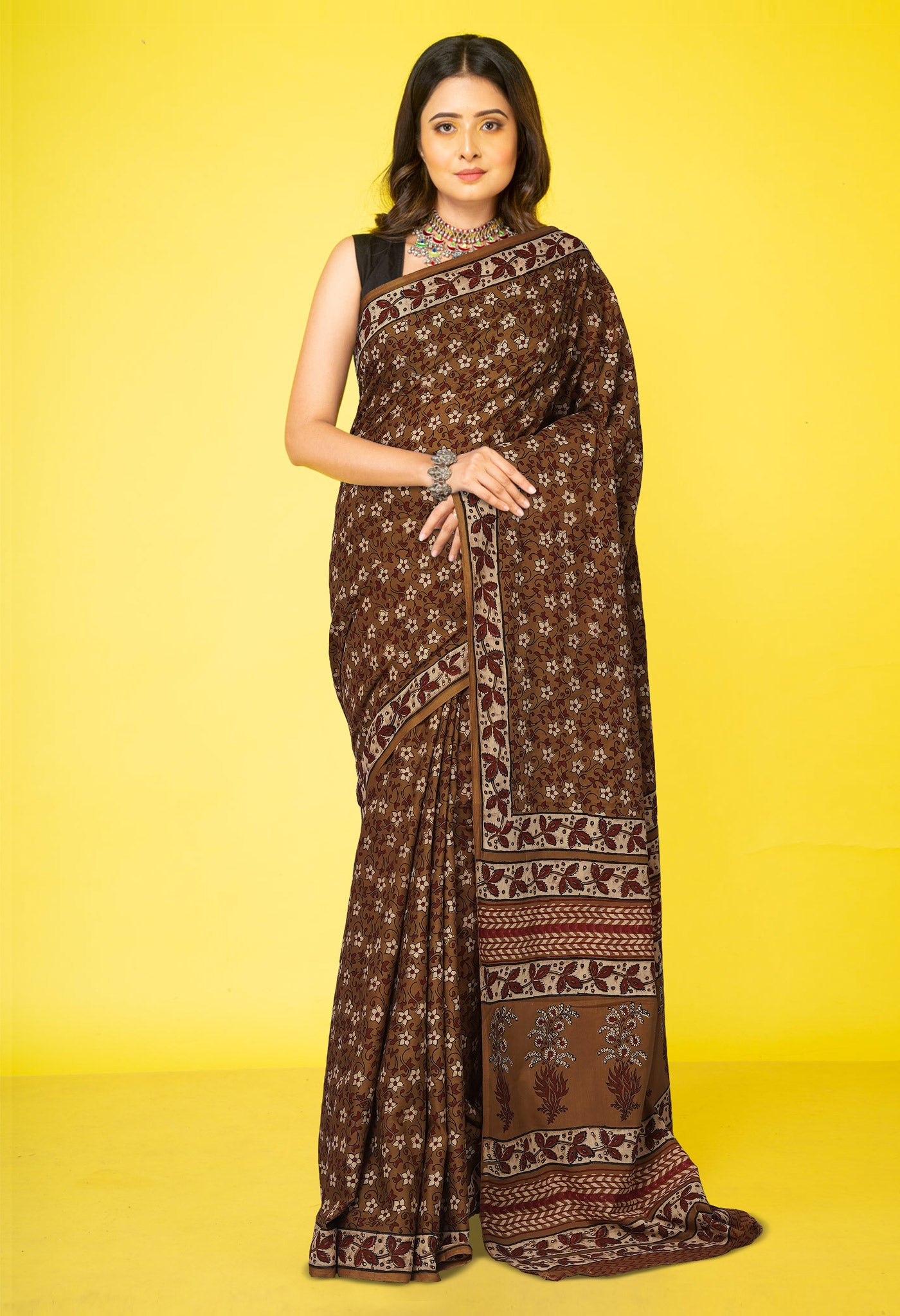 Brown Pure Hand Block Printed Soft Cotton Saree-UNM81415