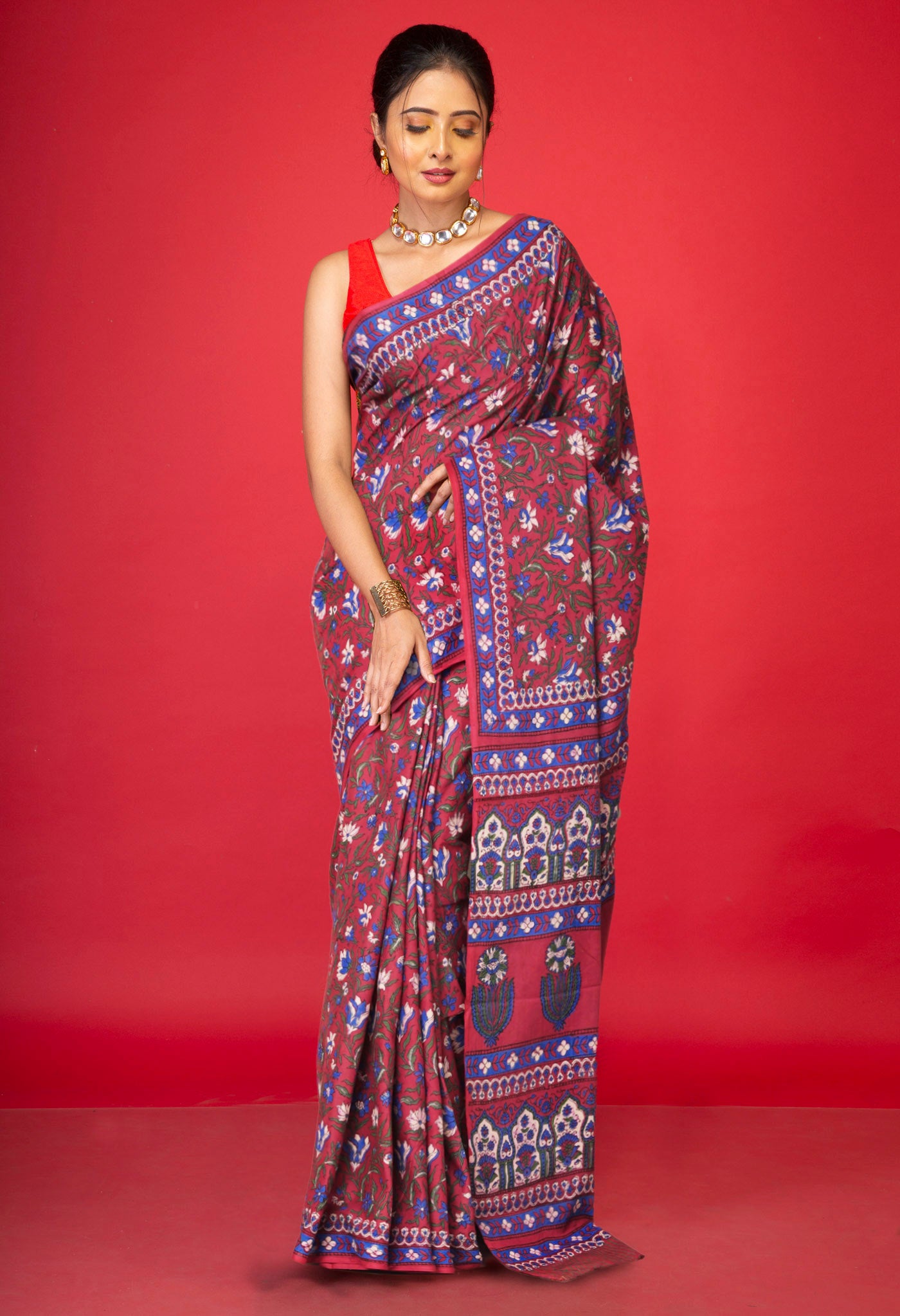 Red Pure Hand Block Printed Soft Cotton Saree-UNM81416