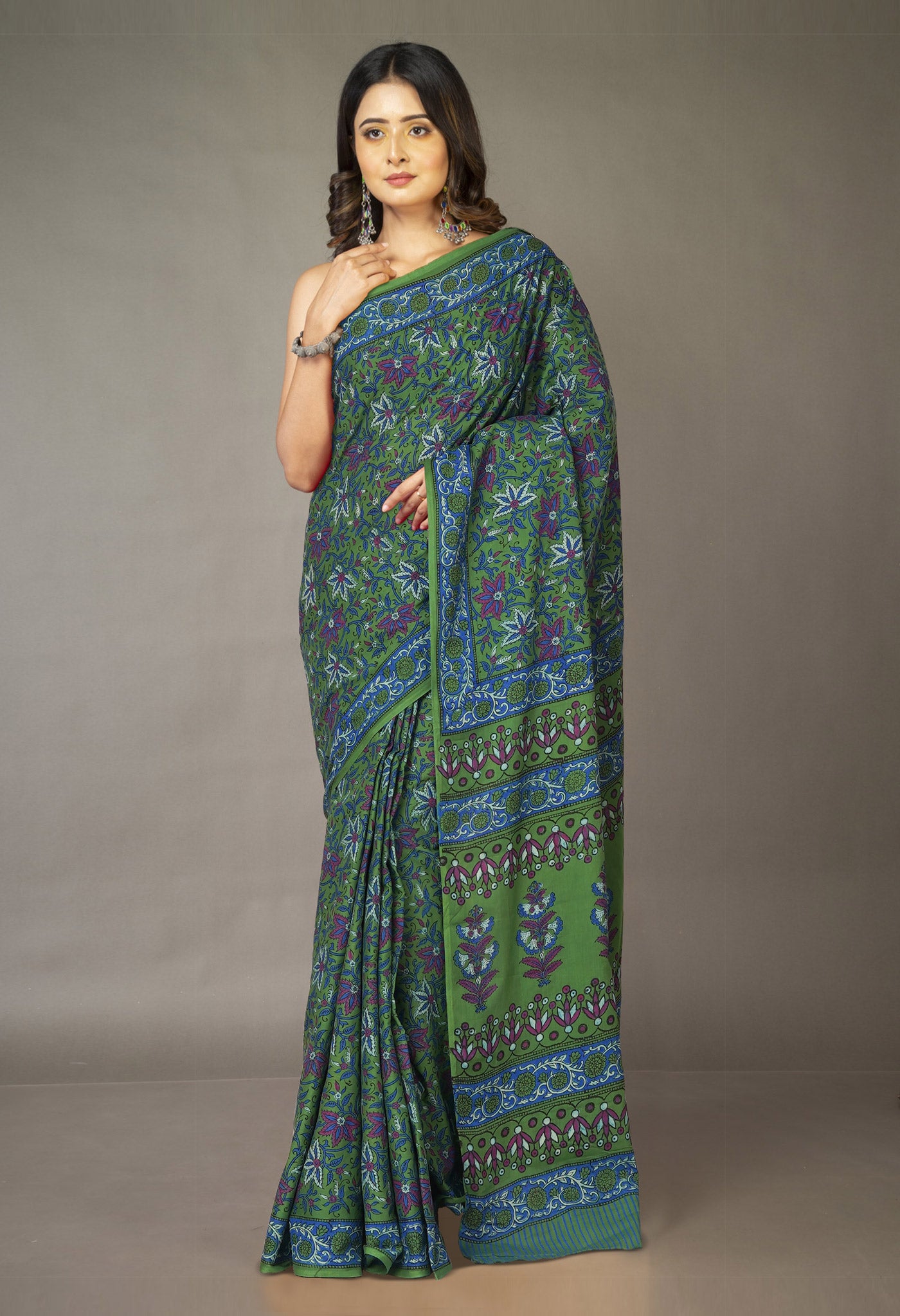 Green Pure Hand Block Printed Soft Cotton Saree-UNM81421