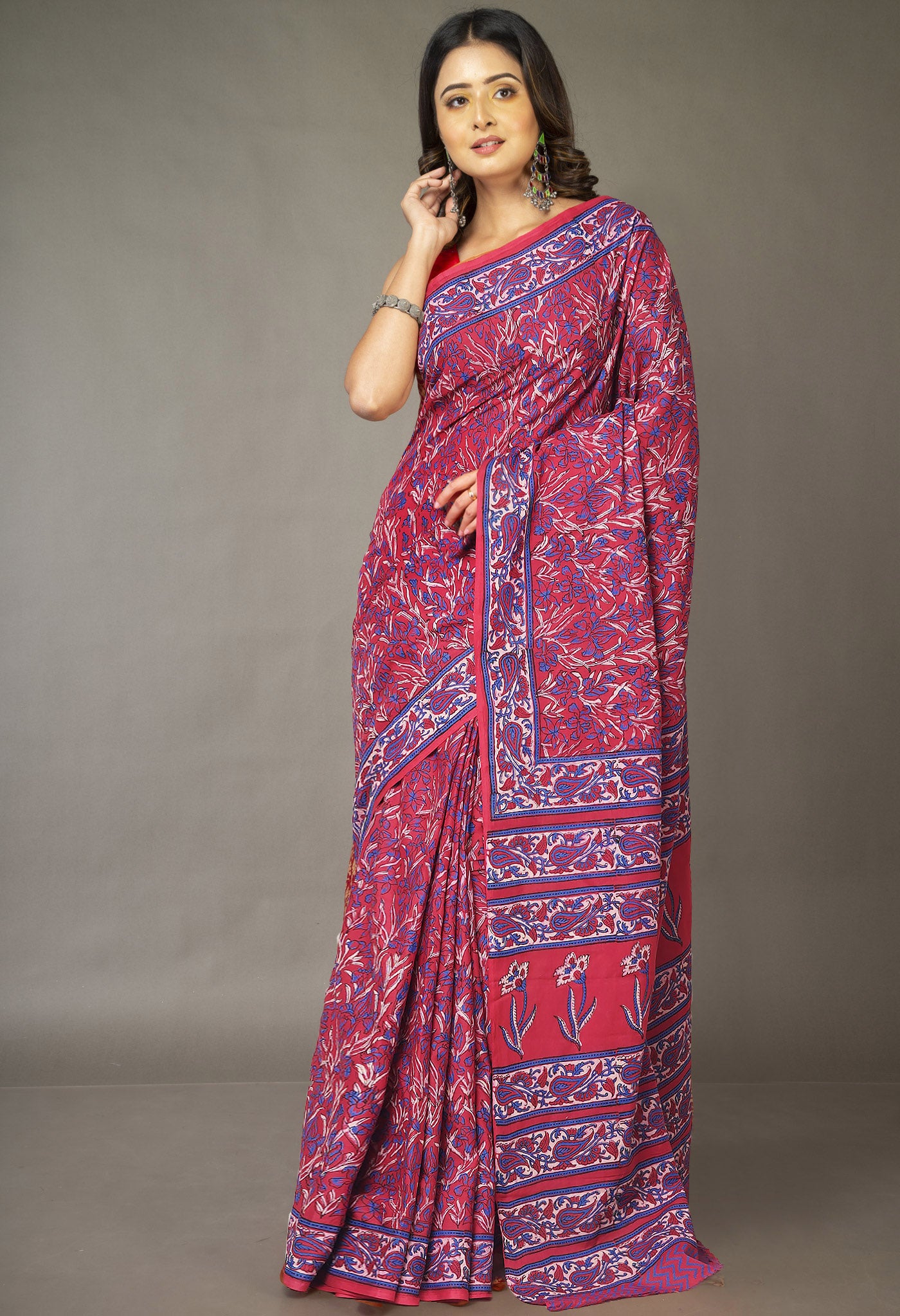 Red Pure Hand Block Printed Soft Cotton Saree-UNM81423