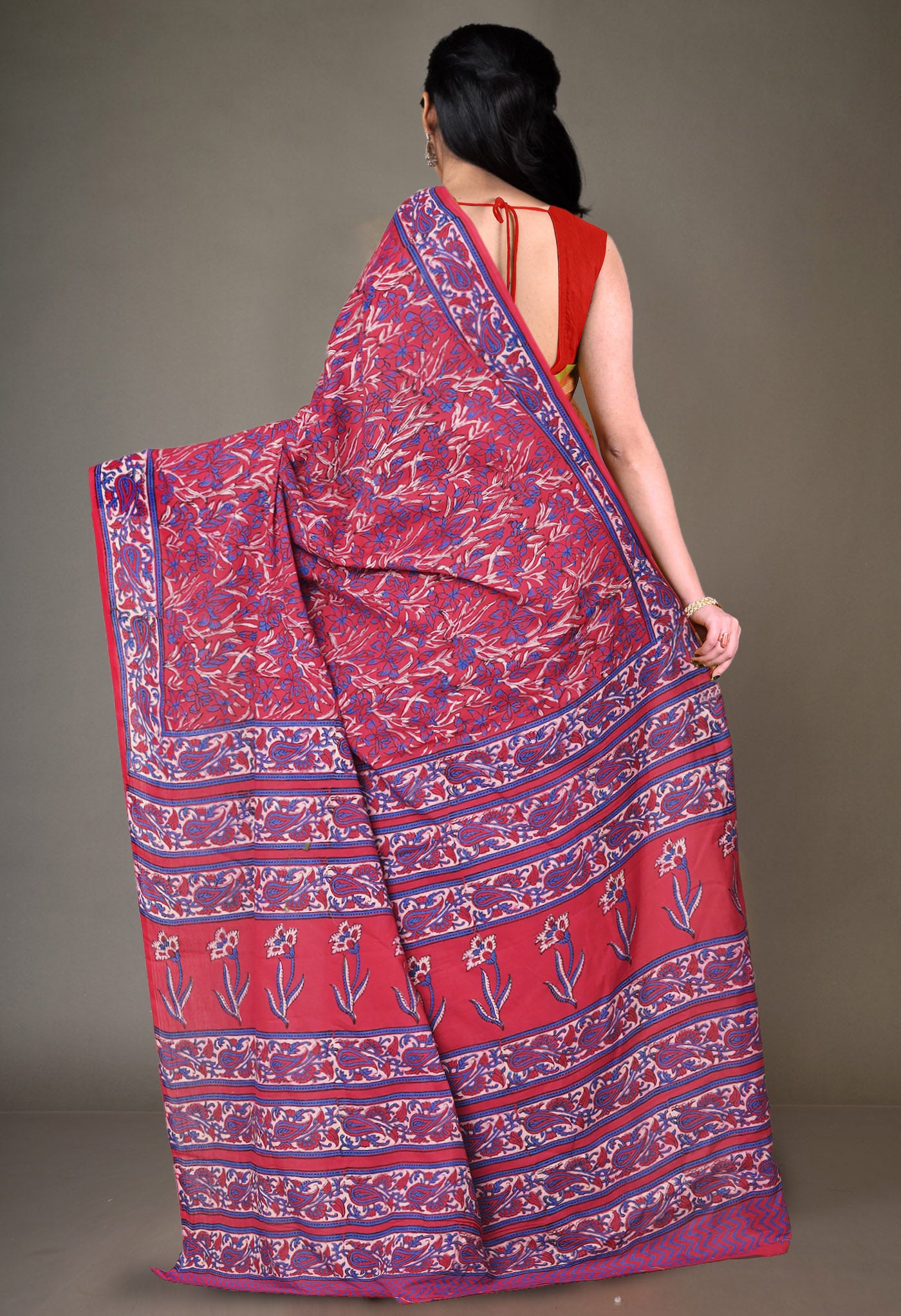 Red Pure Hand Block Printed Soft Cotton Saree-UNM81423